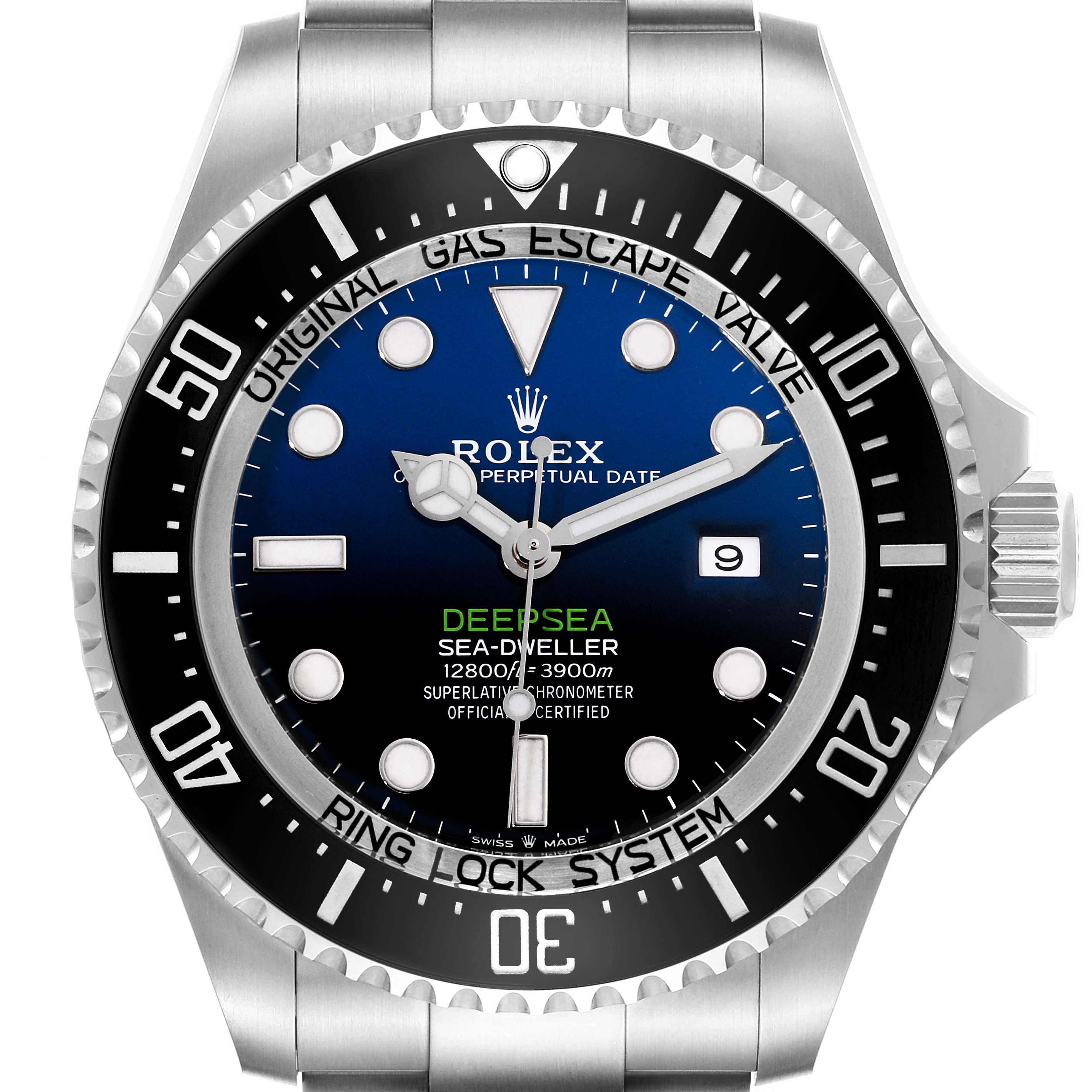 This image shows a front view of the Rolex Sea-Dweller 126660 Men's Stainless Steel Blue Dial 126660 Men's Stainless Steel Blue Dial Deepsea watch, highlighting the dial, bezel, and part of the bracelet.