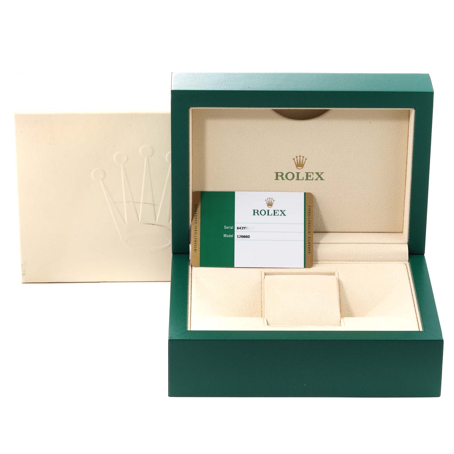 This image shows an open Rolex Sea-Dweller 126660 Men's Stainless Steel Blue Dial 126660 Men's Stainless Steel Blue Dial watch box with its authenticity card, model number 126600, and a crown logo on the case.