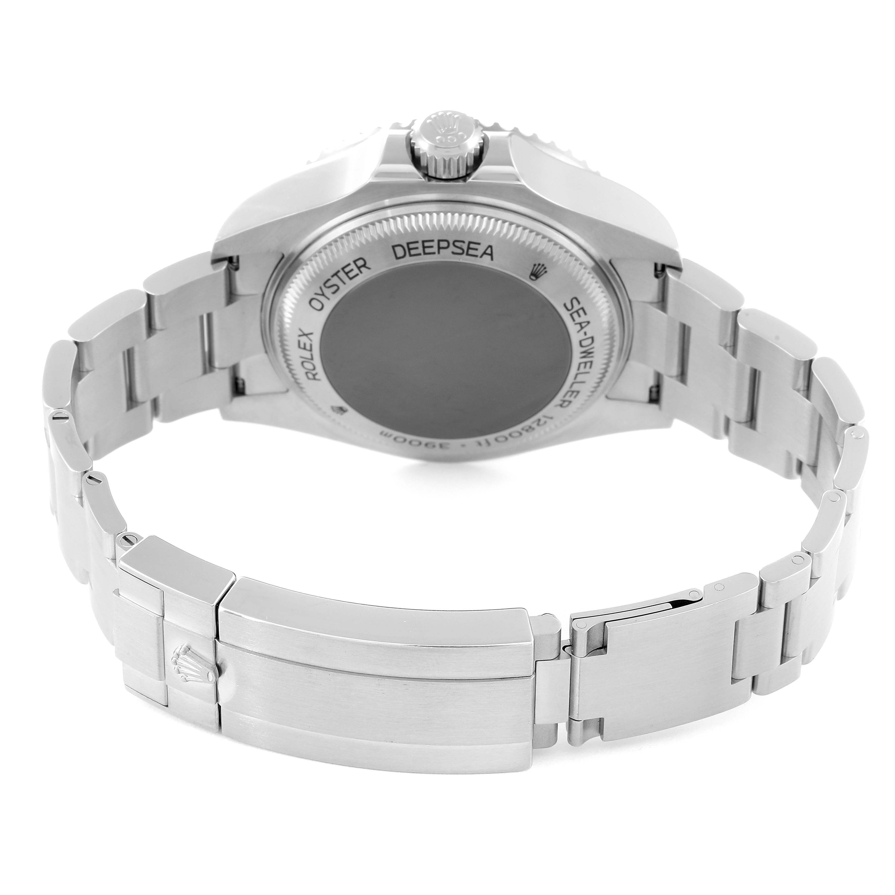 This image shows the back case and bracelet clasp of a Rolex Sea-Dweller 126660 Men's Stainless Steel Blue Dial 126660 Men's Stainless Steel Blue Dial watch from a rear angle.