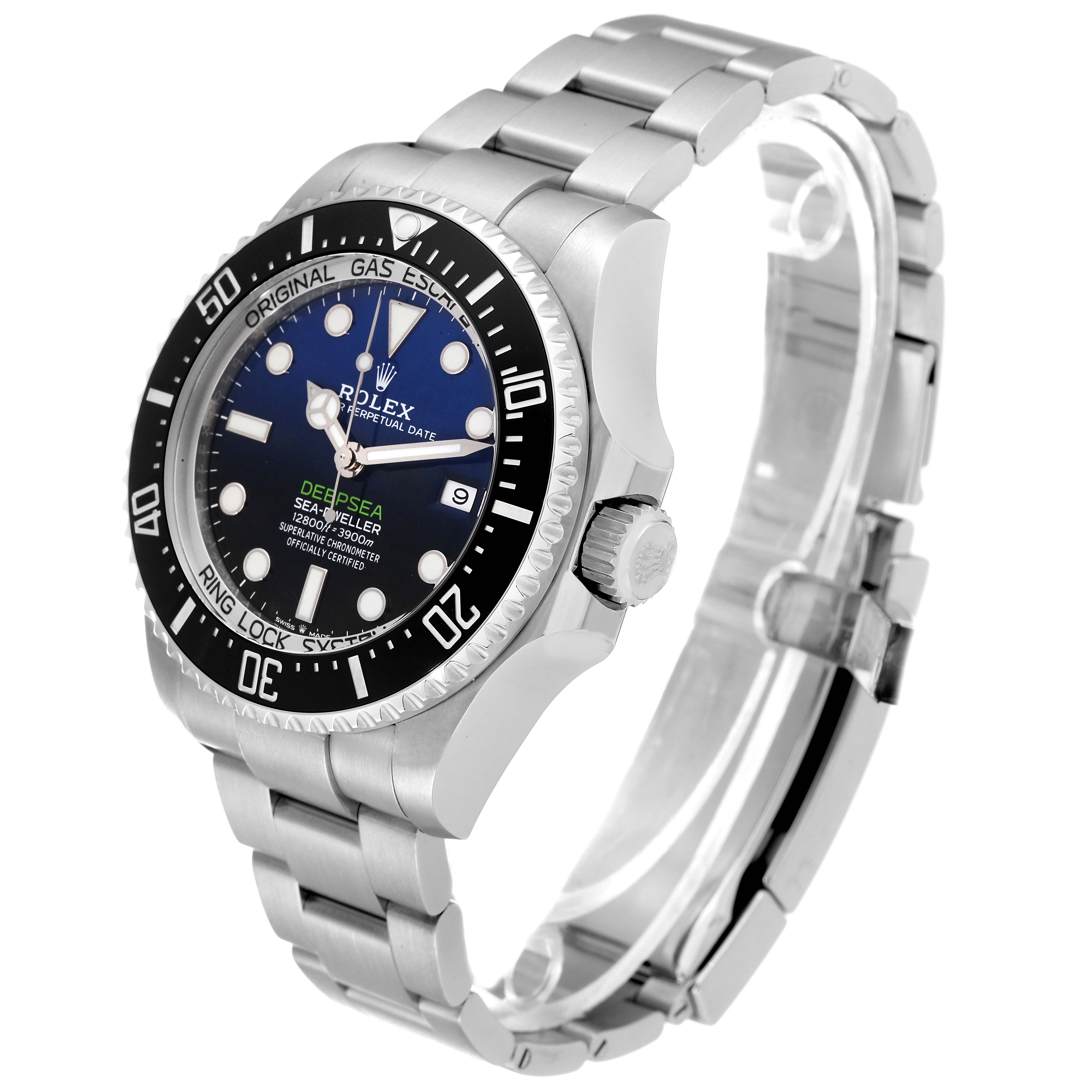The Rolex Sea-Dweller 126660 Men's Stainless Steel Blue Dial 126660 Men's Stainless Steel Blue Dial watch is shown at an angled view, highlighting the face, bezel, case, and bracelet.