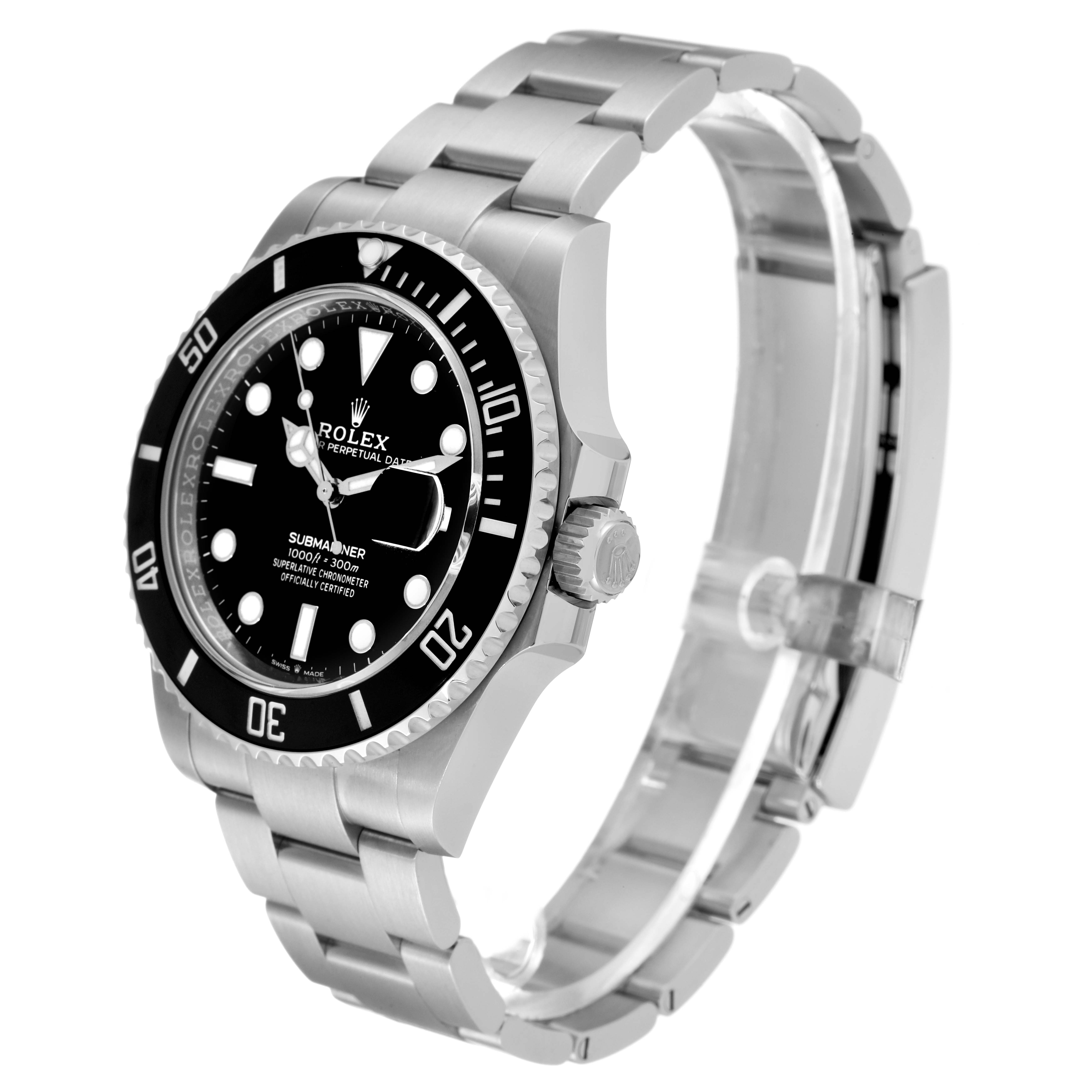 The image shows a Rolex Submariner 126610 Men's Stainless Steel Black Dial 126610 Men's Stainless Steel Black Dial watch angled to display its dial, bezel, case, crown, and bracelet.