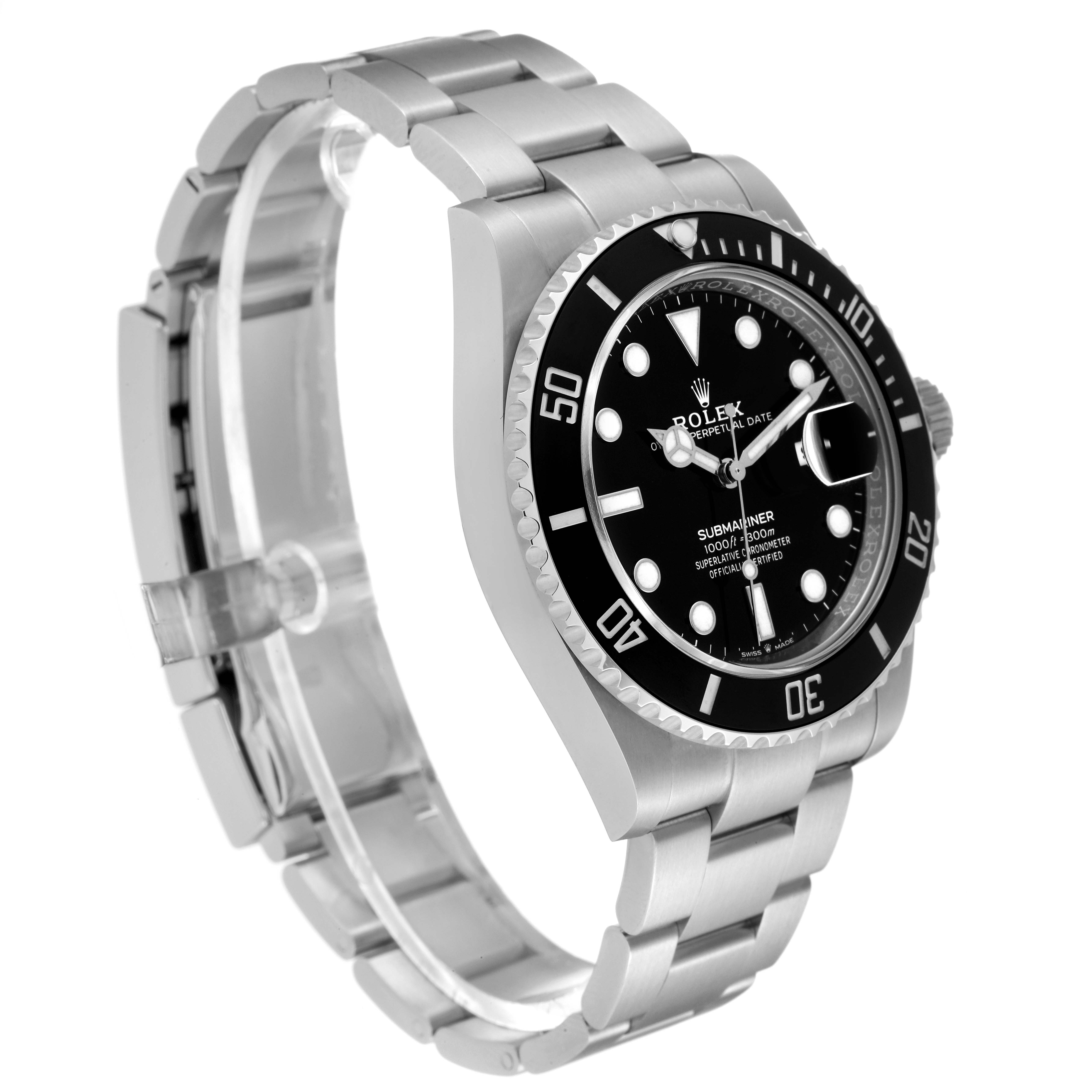 This image shows a side angle of a Rolex Submariner 126610 Men's Stainless Steel Black Dial 126610 Men's Stainless Steel Black Dial watch highlighting its case, bezel, dial, and bracelet.