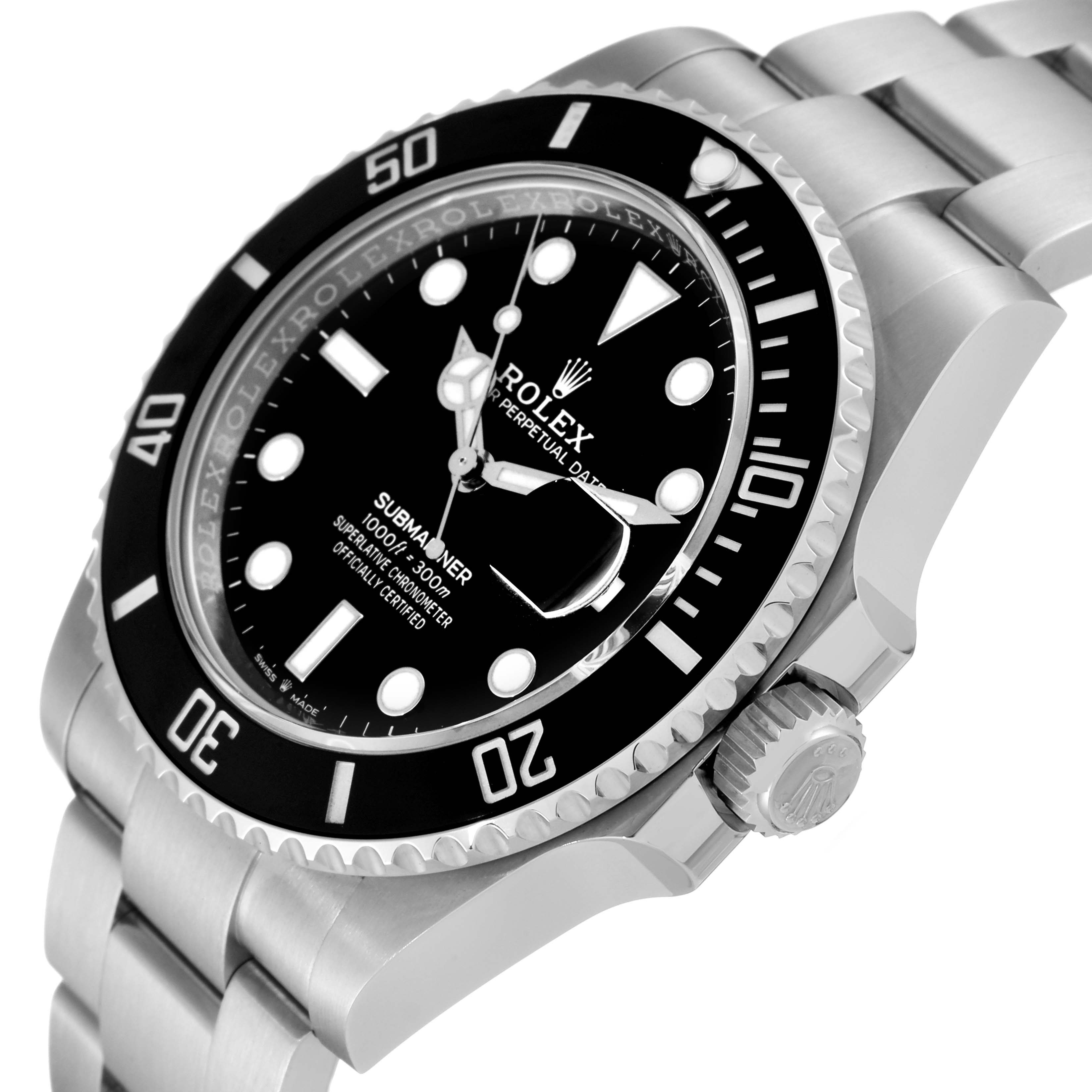 This image shows a side-angle view of a Rolex Submariner 126610 Men's Stainless Steel Black Dial 126610 Men's Stainless Steel Black Dial watch, highlighting its bezel, dial, and band.