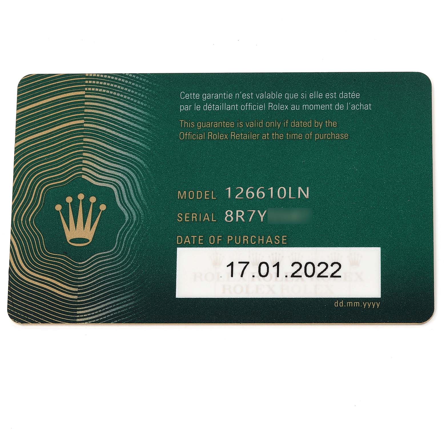 This image shows the warranty card for a Rolex Submariner 126610 Men's Stainless Steel Black Dial 126610 Men's Stainless Steel Black Dial model 126610LN, including the serial number and date of purchase.