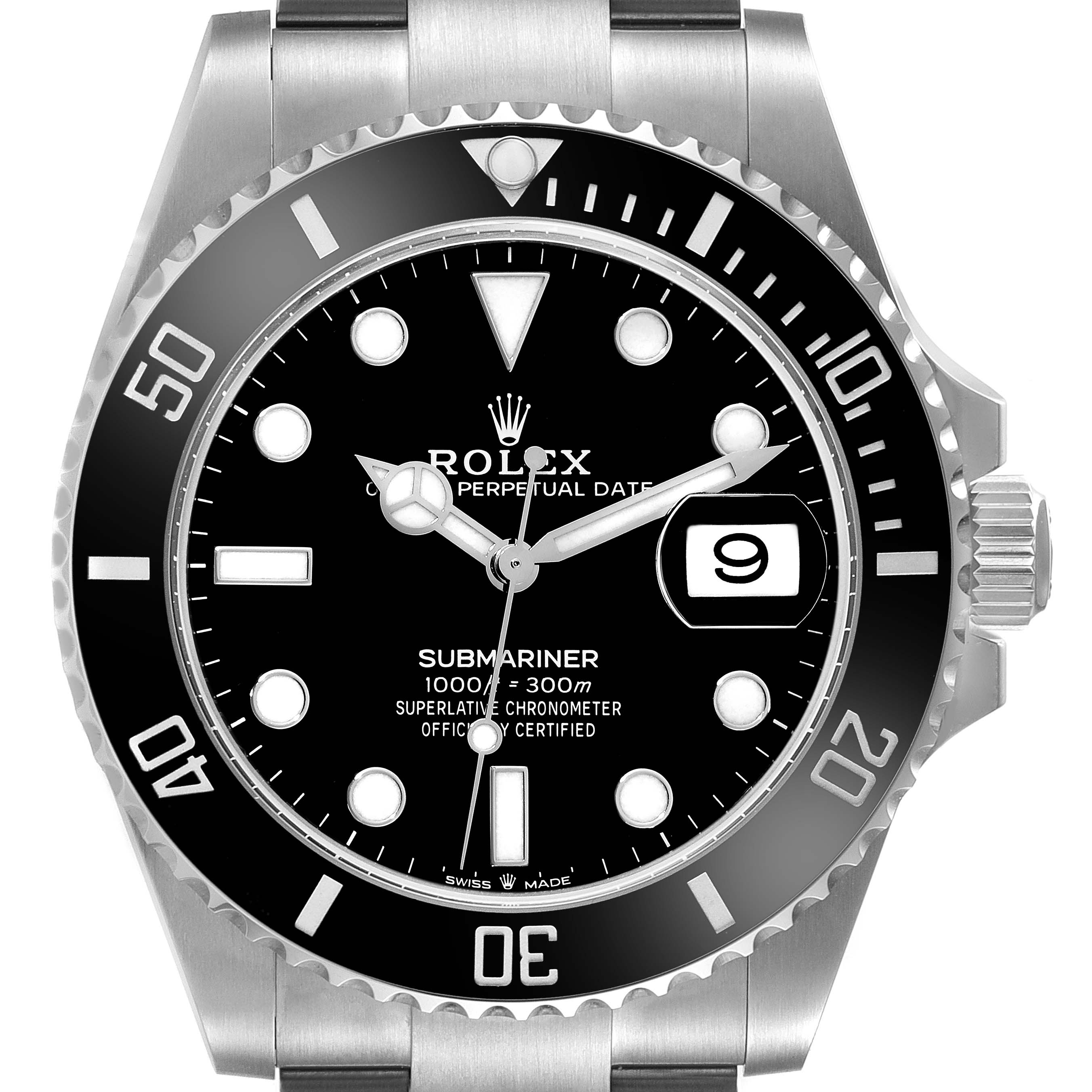 The image shows a front view of the Rolex Submariner 126610 Men's Stainless Steel Black Dial 126610 Men's Stainless Steel Black Dial watch, highlighting its dial, bezel, crown, and bracelet.