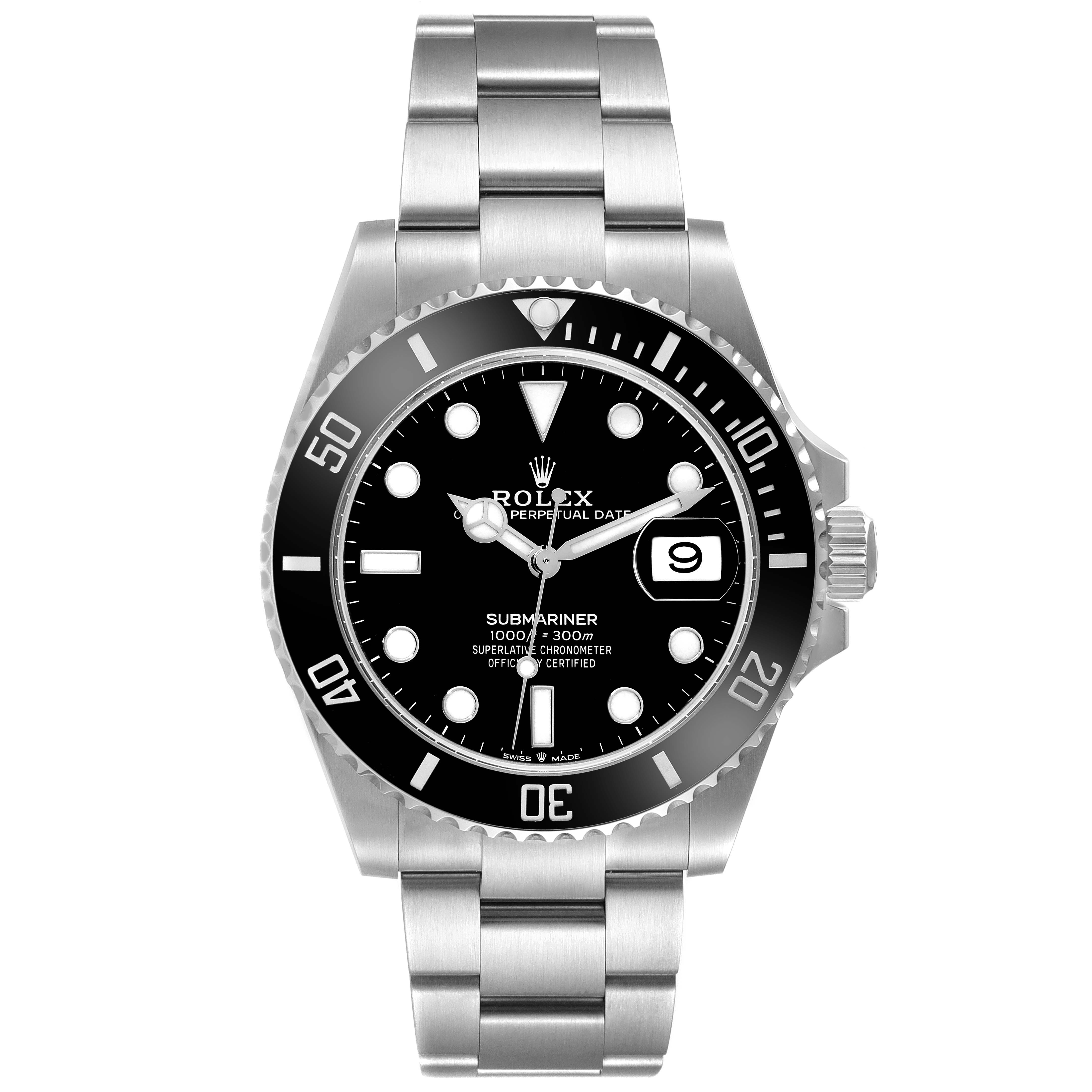 The image shows a front view of a Rolex Submariner 126610 Men's Stainless Steel Black Dial 126610 Men's Stainless Steel Black Dial watch, displaying its black dial, bezel, and stainless steel bracelet.