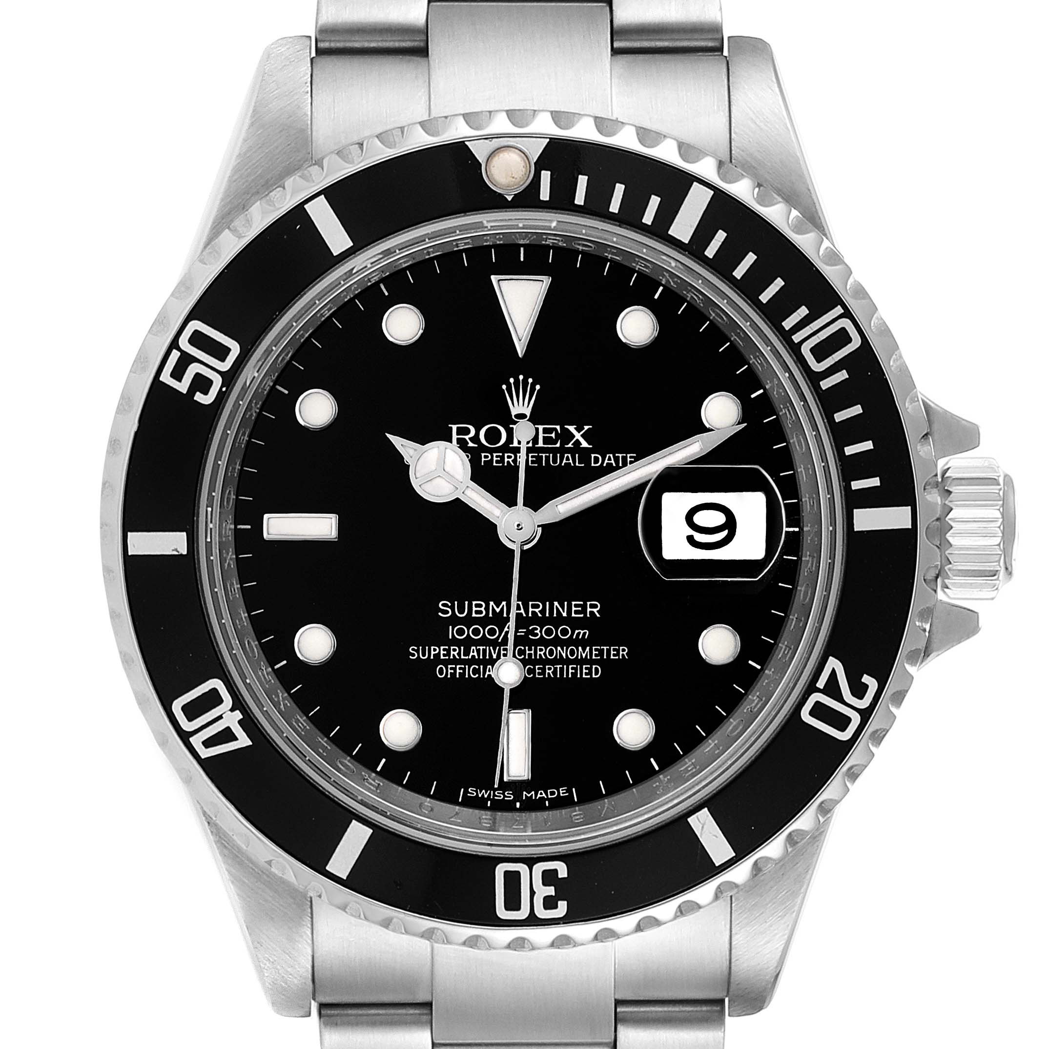 This image shows a front view of the Rolex Submariner 16610 Men
s Stainless Steel Black Dial 16610 Men
s Stainless Steel Black Dial watch, highlighting its dial, bezel, and bracelet.