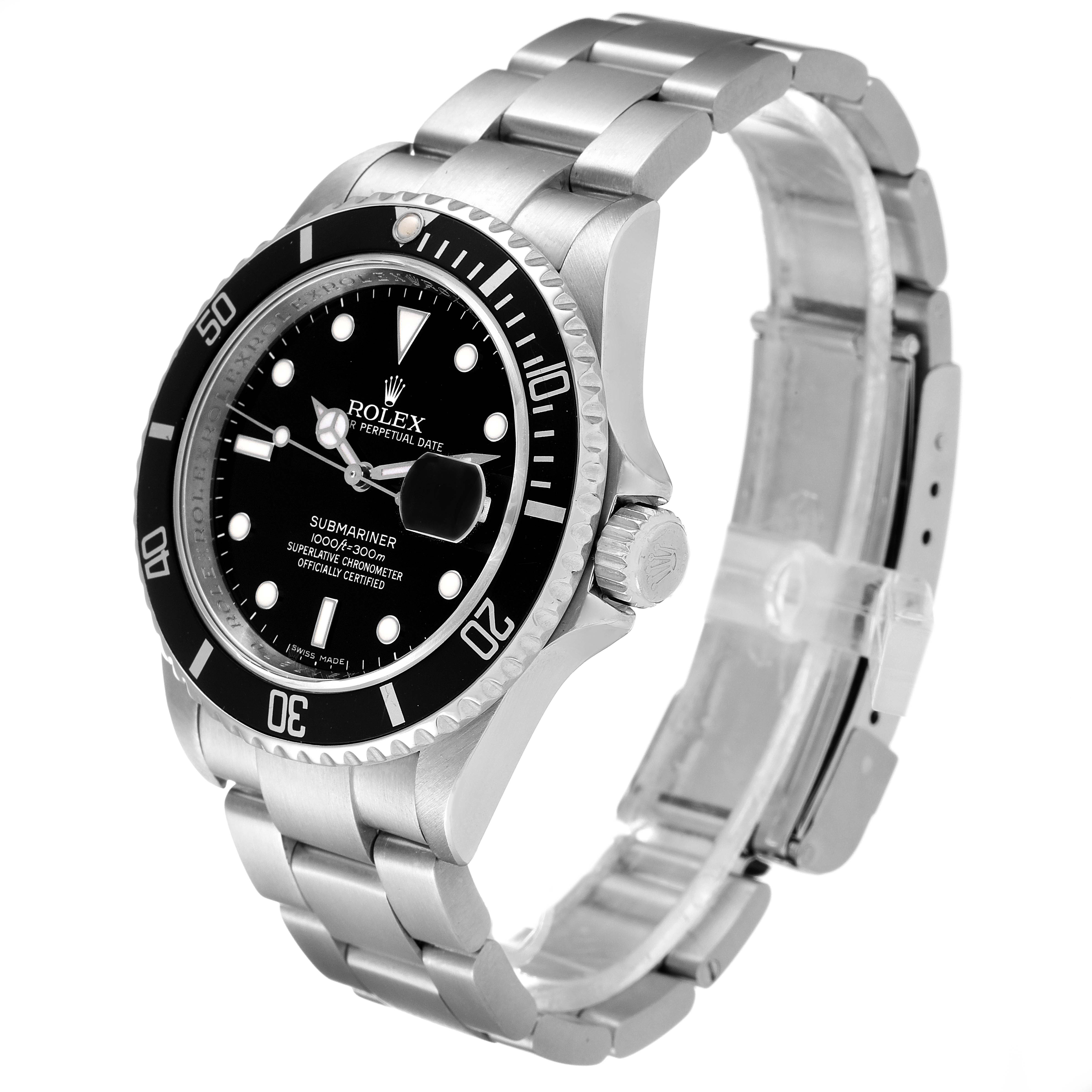 The Rolex Submariner 16610 Men
s Stainless Steel Black Dial 16610 Men
s Stainless Steel Black Dial watch is shown at a 3/4 angle, highlighting the face, bezel, crown, and stainless steel bracelet.