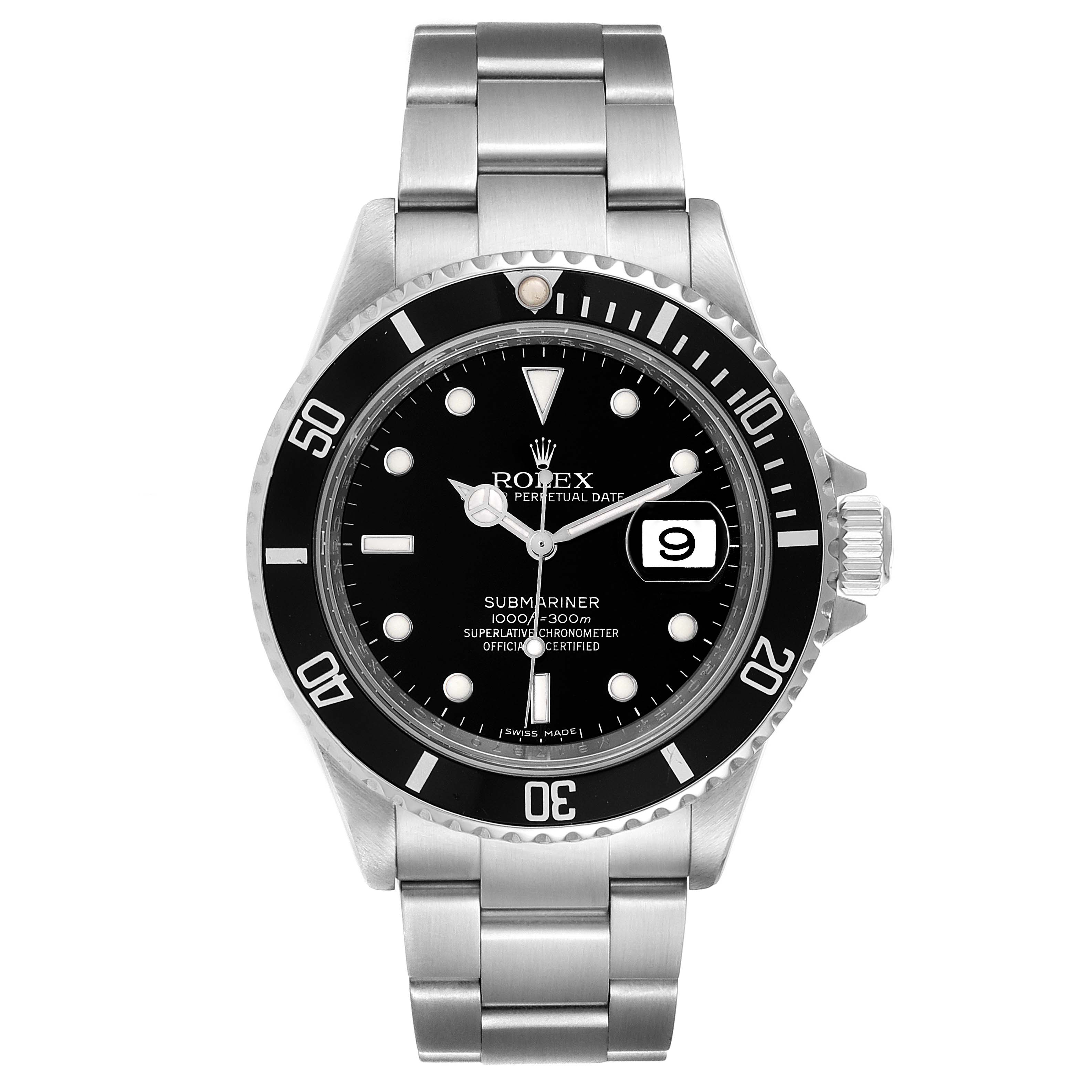 The image shows a front view of the Rolex Submariner 16610 Men
s Stainless Steel Black Dial 16610 Men
s Stainless Steel Black Dial watch, including its dial, bezel, bracelet, and crown.