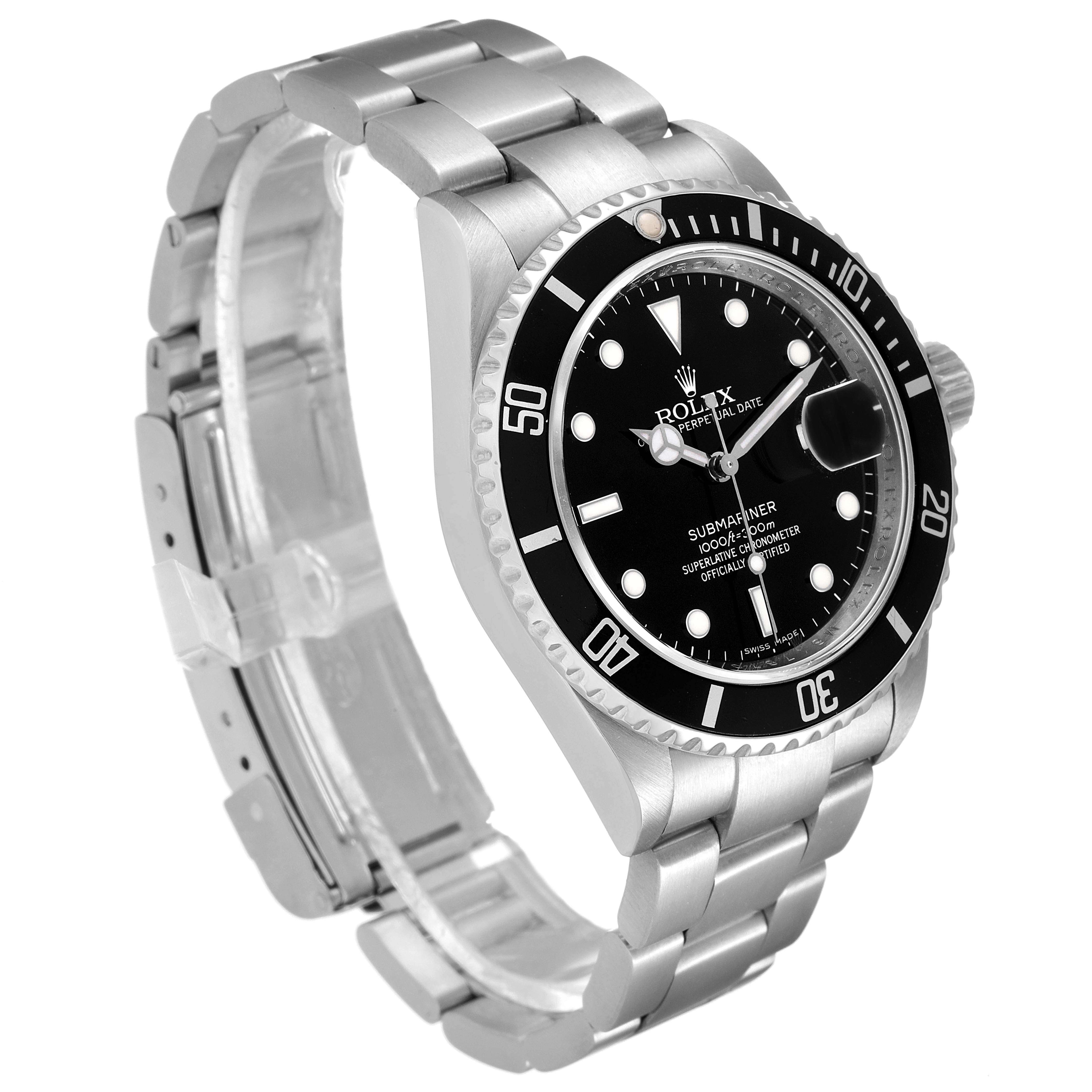 The Rolex Submariner 16610 Men
s Stainless Steel Black Dial 16610 Men
s Stainless Steel Black Dial watch is shown at a three-quarter angle, displaying the bracelet, bezel, dial, and crown.