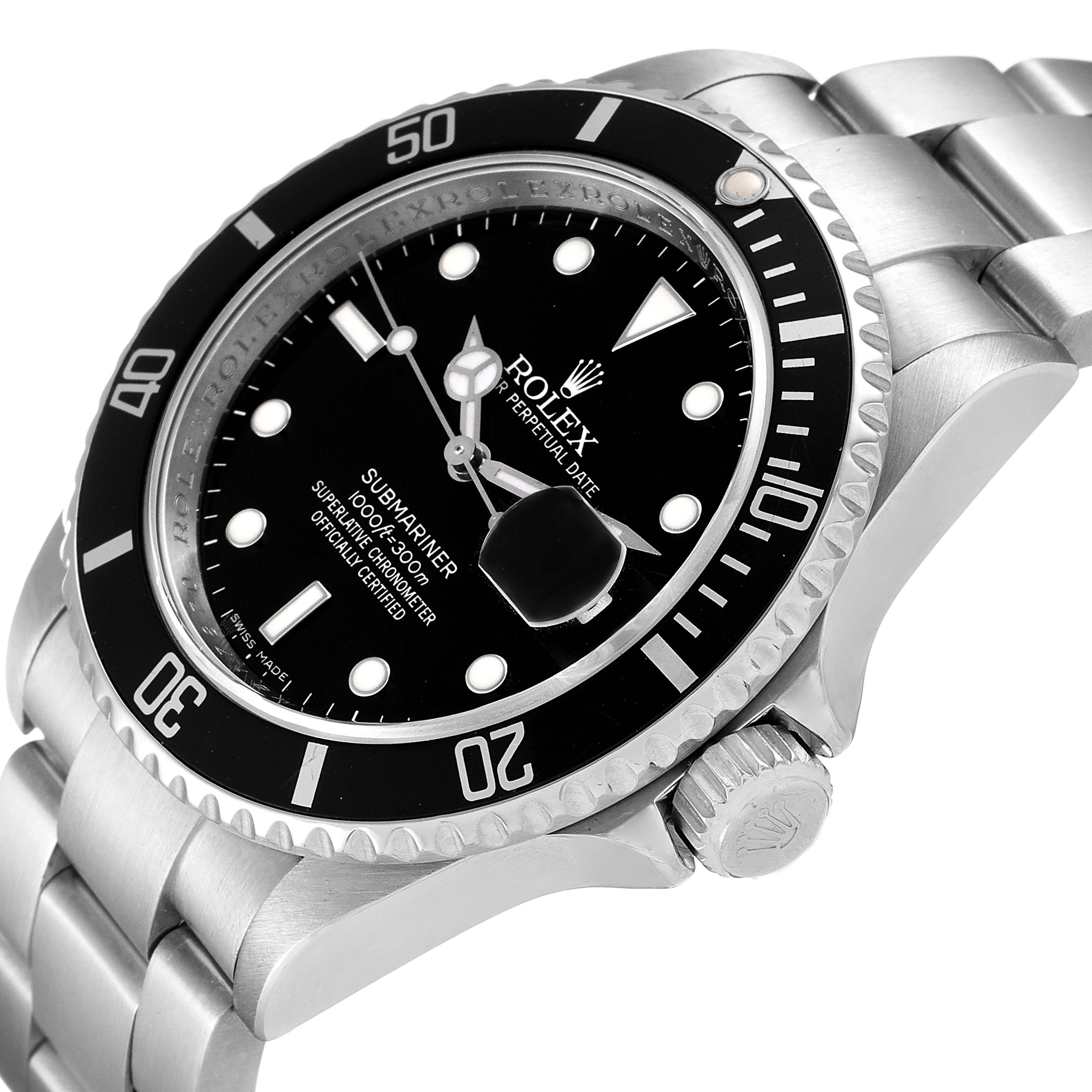 The image shows a close-up angled view of a Rolex Submariner 16610 Men
s Stainless Steel Black Dial 16610 Men
s Stainless Steel Black Dial watch, highlighting the face, bezel, crown, and part of the bracelet.