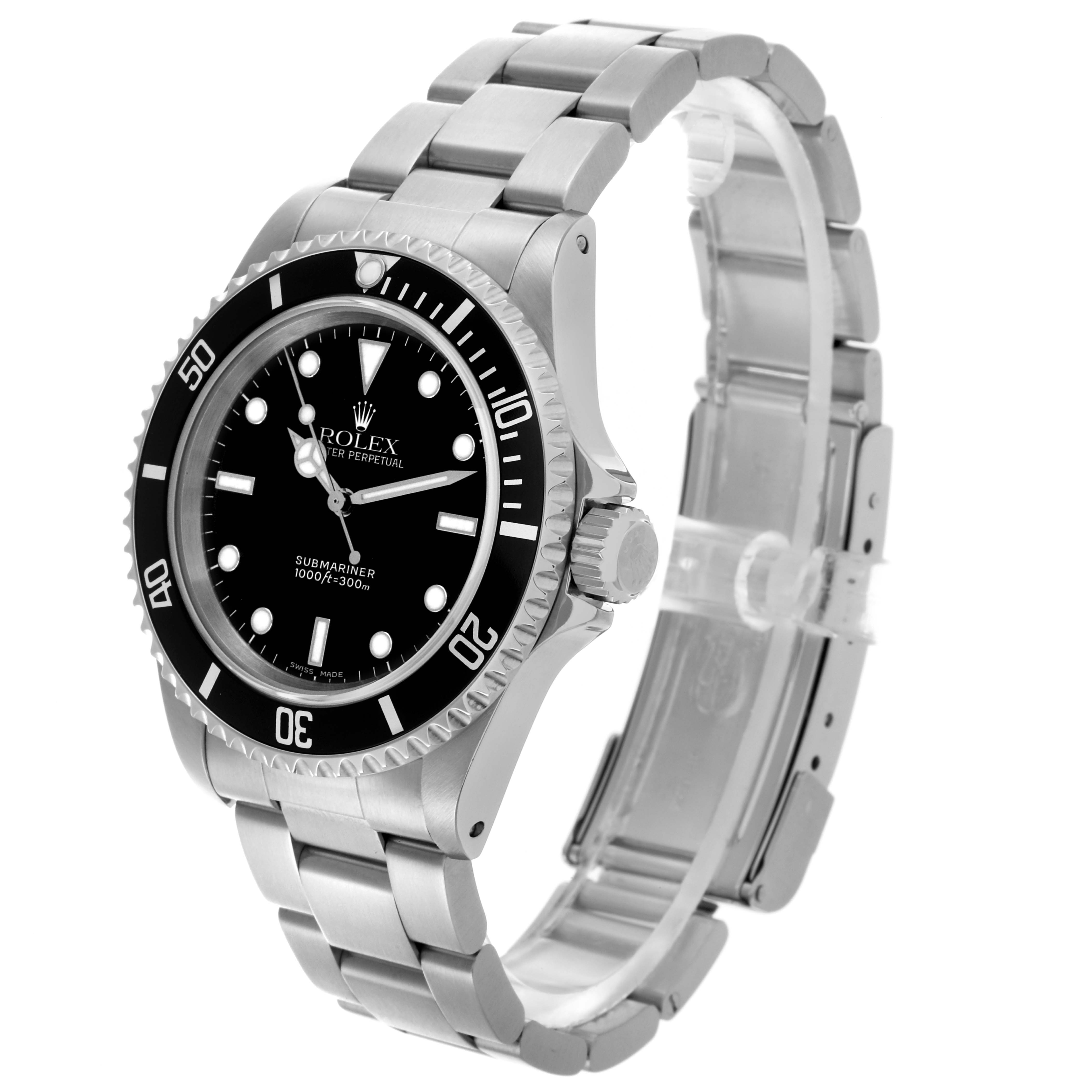 The Rolex Submariner 14060 Men
s Stainless Steel Black Dial 14060 Men
s Stainless Steel Black Dial watch is shown at a slight angle, revealing the face, bezel, crown, and bracelet.