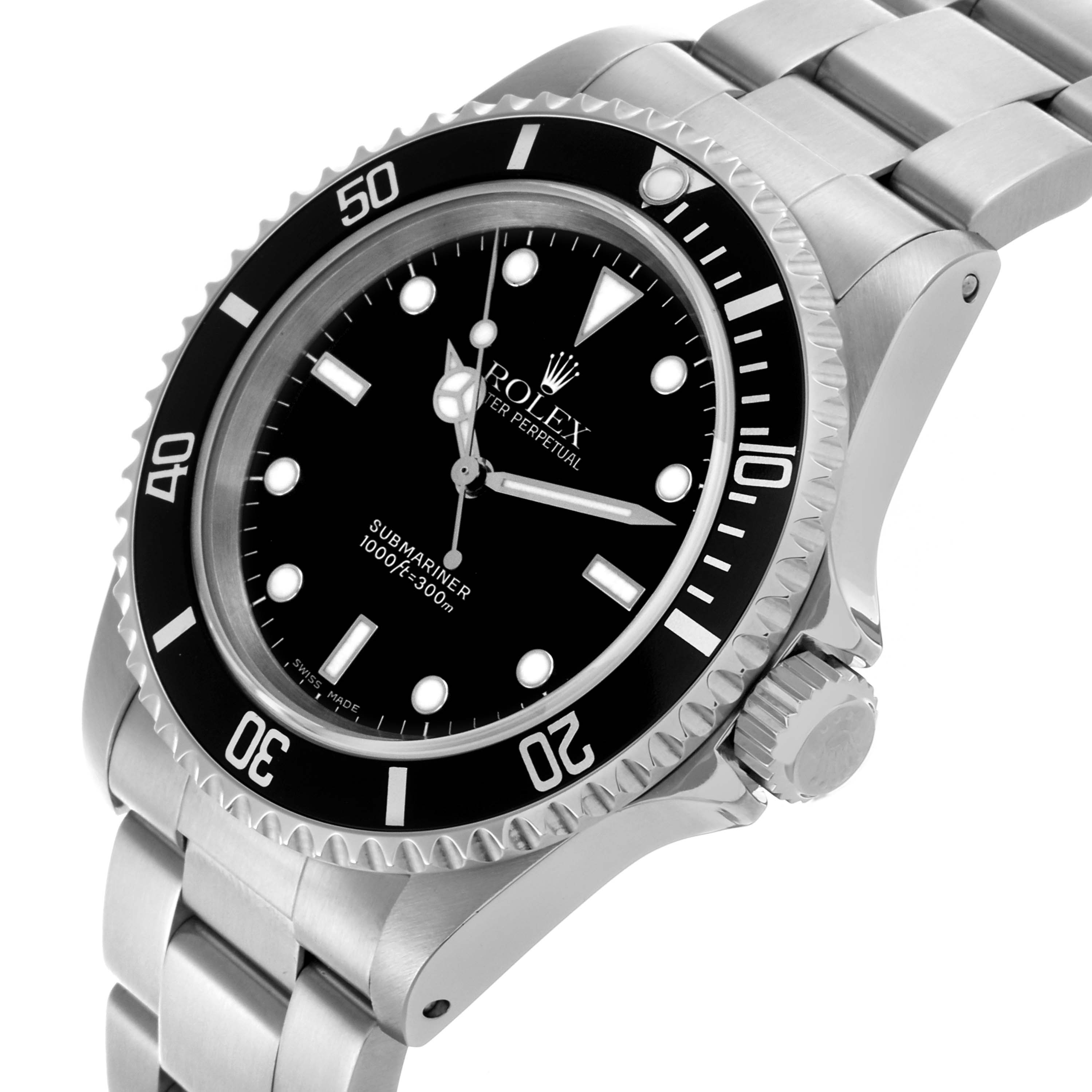 The Rolex Submariner 14060 Men
s Stainless Steel Black Dial 14060 Men
s Stainless Steel Black Dial watch is shown at a slight angle, highlighting the dial, bezel, and part of the bracelet.