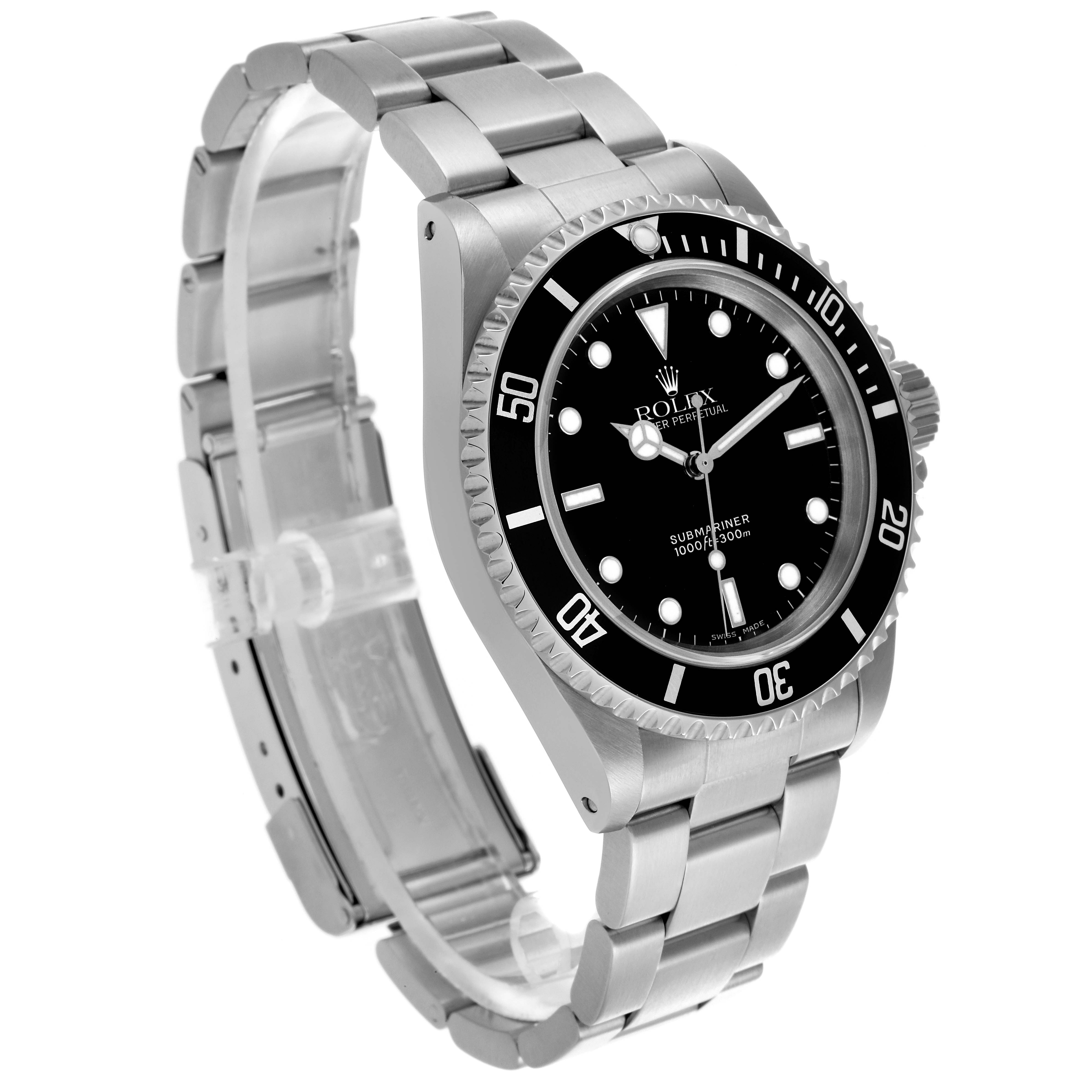 The Rolex Submariner 14060 Men
s Stainless Steel Black Dial 14060 Men
s Stainless Steel Black Dial watch is shown at an angled side view, highlighting the face, bezel, and bracelet.