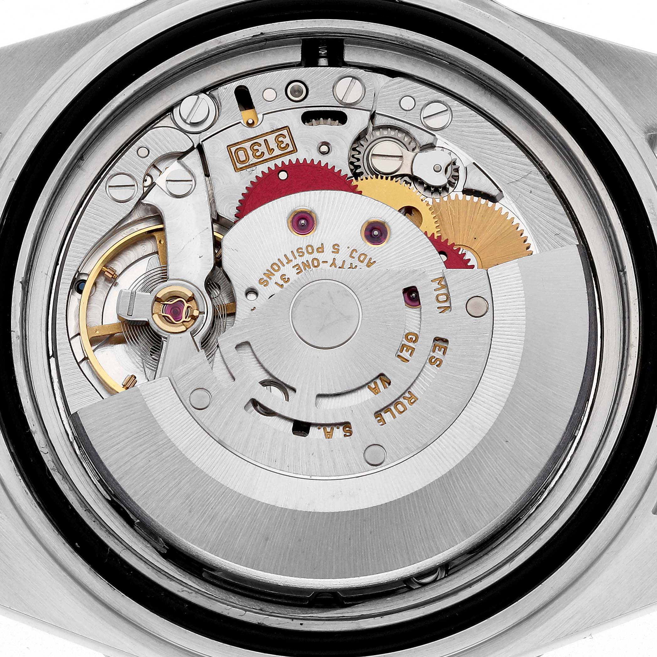 The image shows the movement of a Rolex Submariner 14060 Men
s Stainless Steel Black Dial 14060 Men
s Stainless Steel Black Dial, viewed from the case back with gears and intricate components visible.