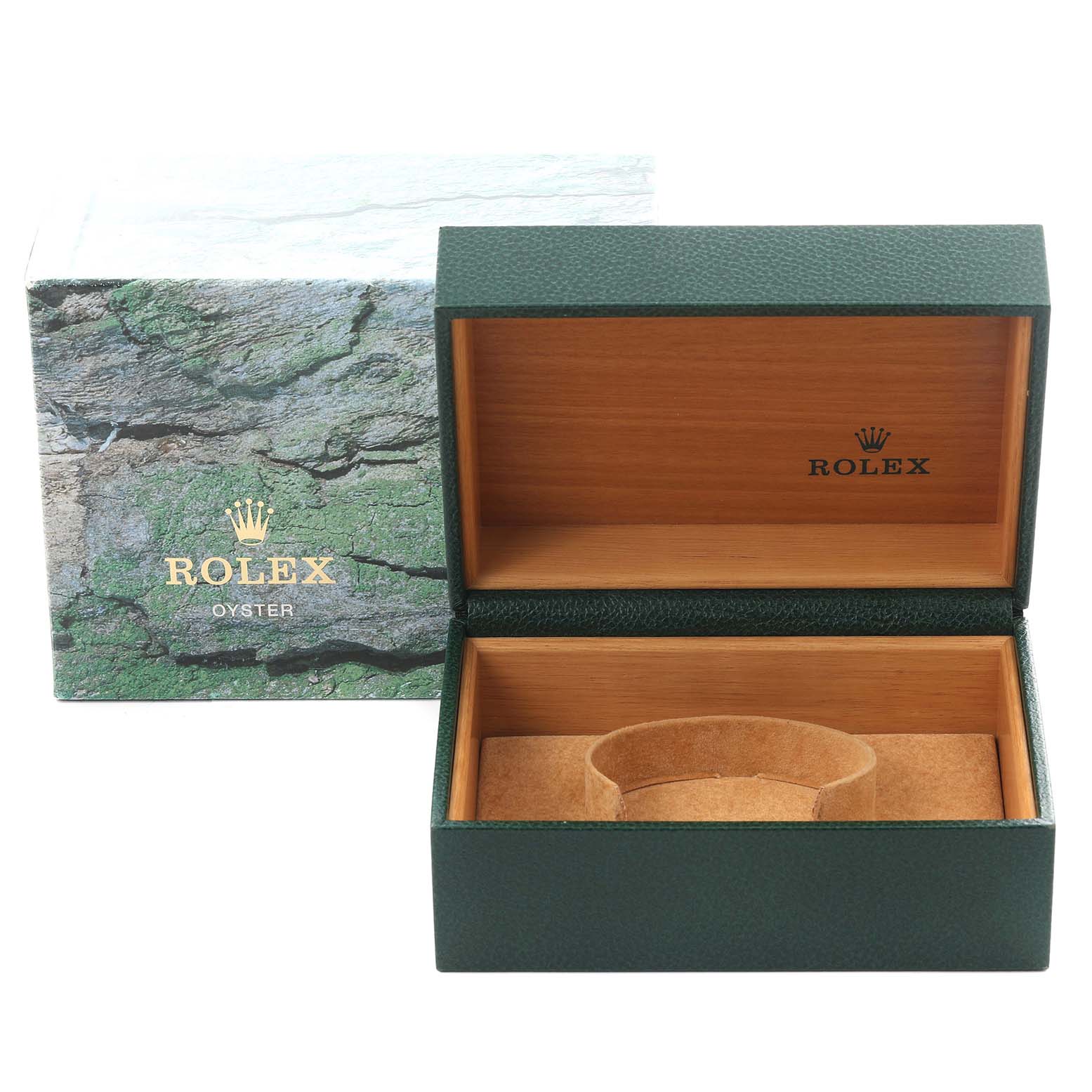 This image shows an open green Rolex watch box and its outer case, meant for the Submariner model.