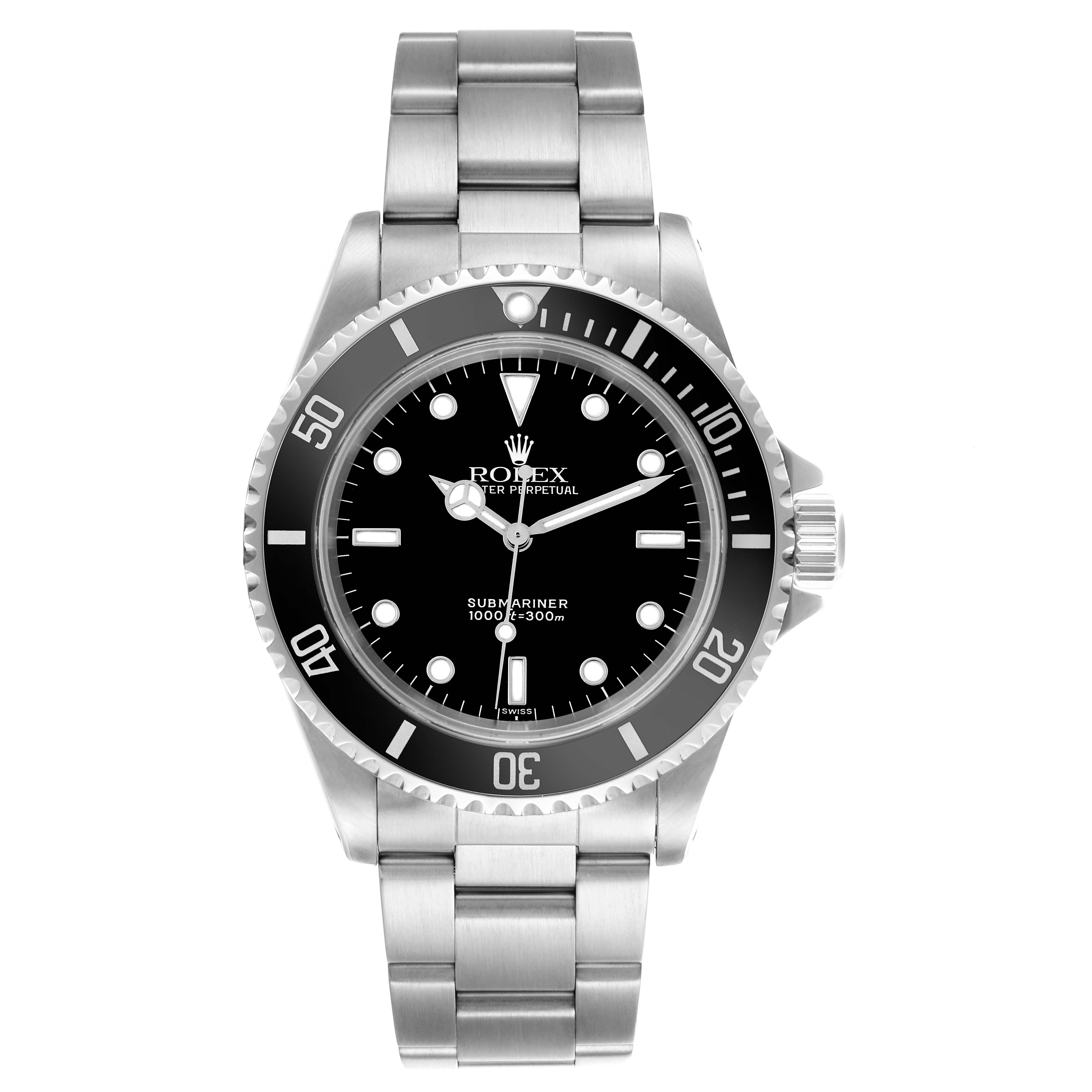 The image shows a frontal view of the Rolex Submariner 14060 Men
s Stainless Steel Black Dial 14060 Men
s Stainless Steel Black Dial watch, displaying the dial, bezel, and bracelet.