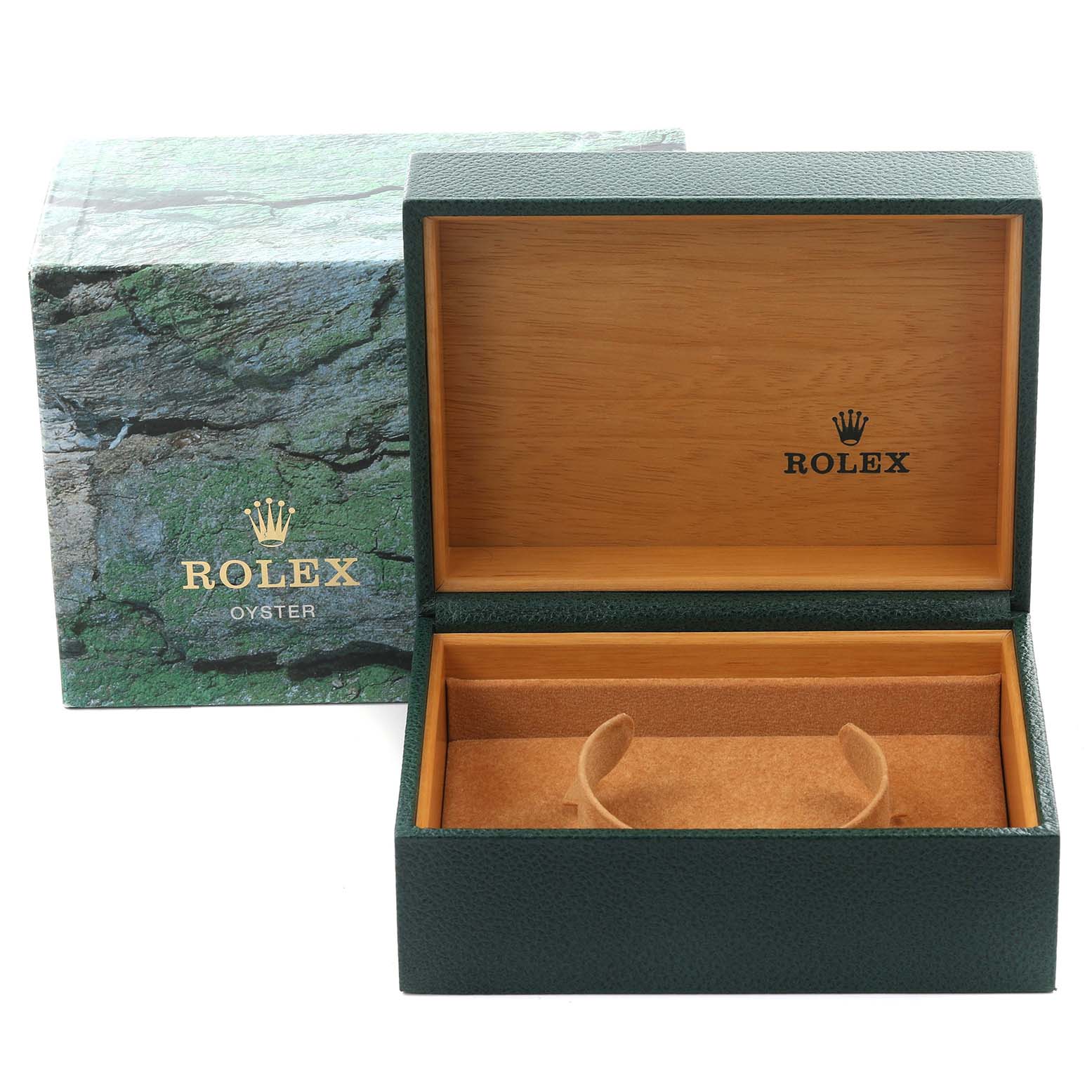 The image shows an open Rolex Submariner 14060 Men
s Stainless Steel Black Dial 14060 Men
s Stainless Steel Black Dial watch box with no watch inside, revealing the interior and the logo.