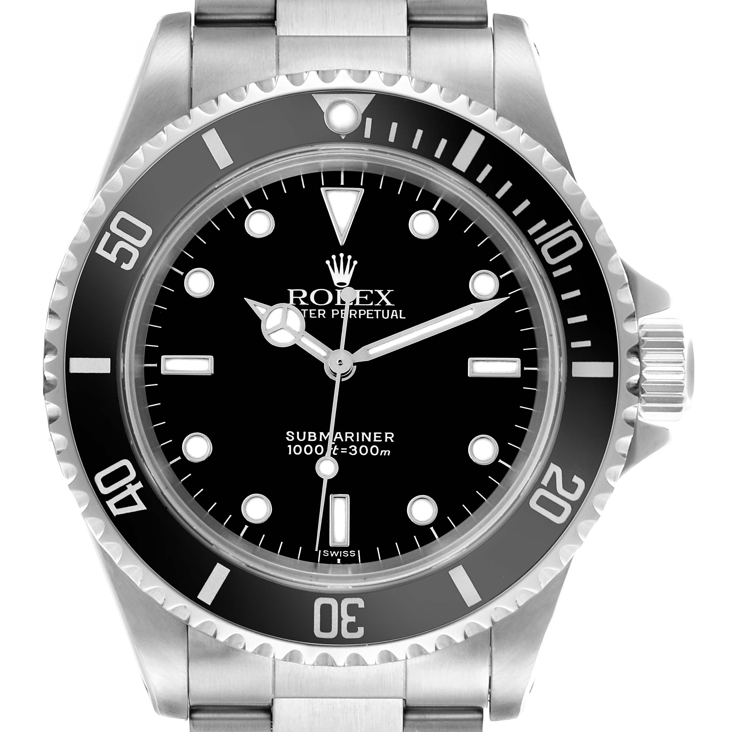 The image shows a front view of the Rolex Submariner 14060 Men
s Stainless Steel Black Dial 14060 Men
s Stainless Steel Black Dial watch, displaying the dial, bezel, and part of the bracelet.