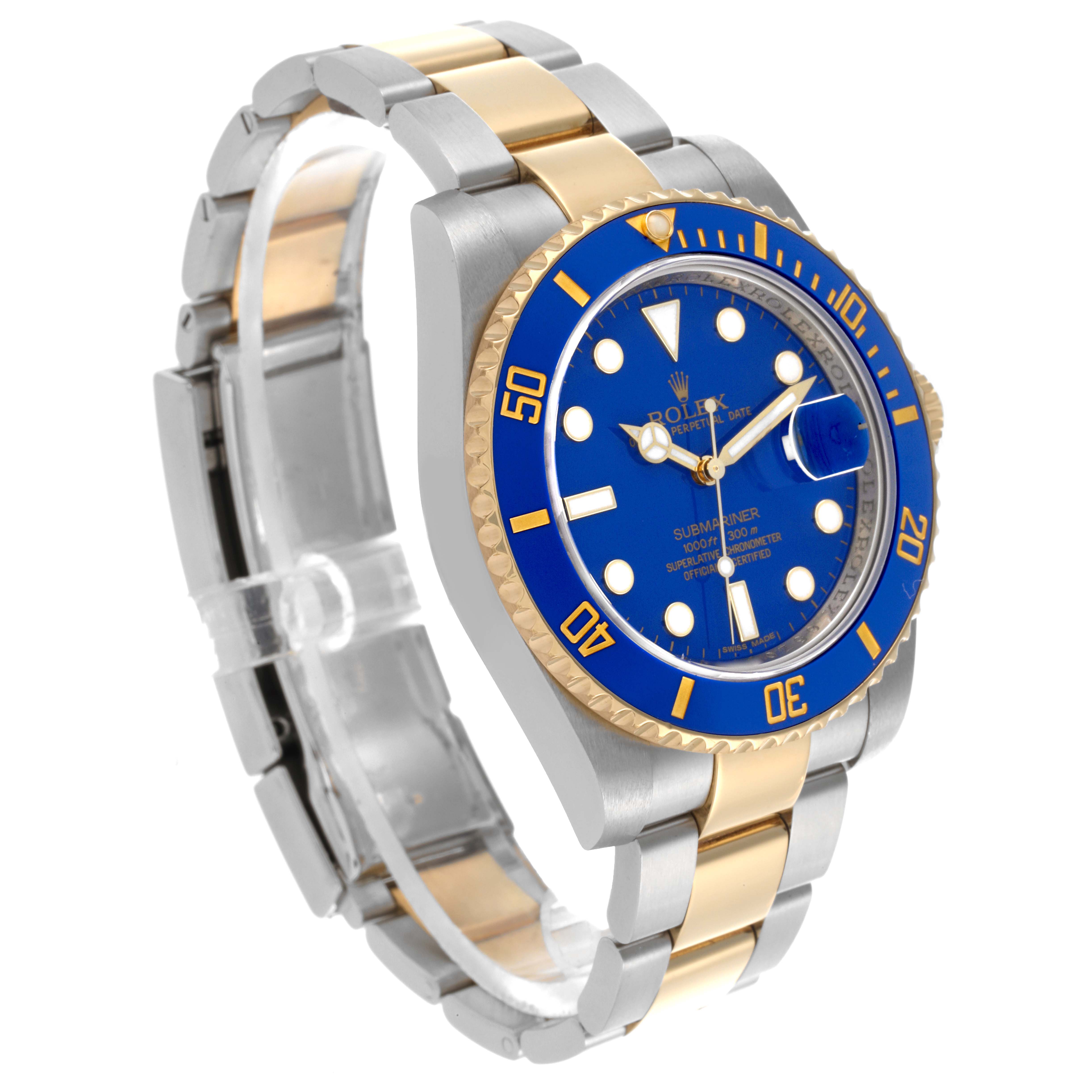 The Rolex Submariner 116613LB Men's Steel and Gold (two tone) Blue Dial 116613LB Men's Steel and Gold (two tone) Blue Dial watch is shown at an angle highlighting the blue dial, bezel, and two-tone bracelet.