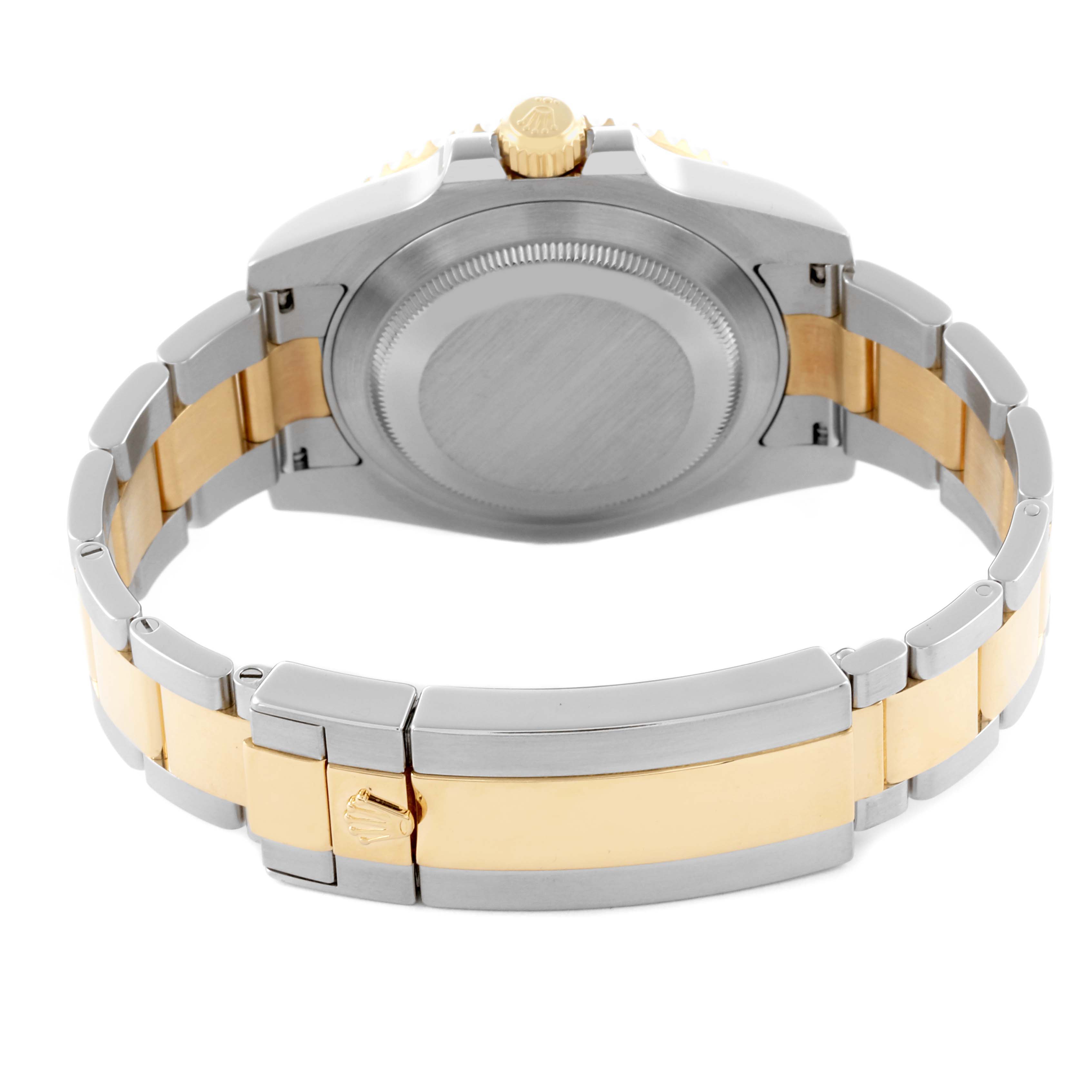 The image shows the back view of a Rolex Submariner 116613LB Men's Steel and Gold (two tone) Blue Dial 116613LB Men's Steel and Gold (two tone) Blue Dial watch, highlighting the bracelet, clasp, and case back.