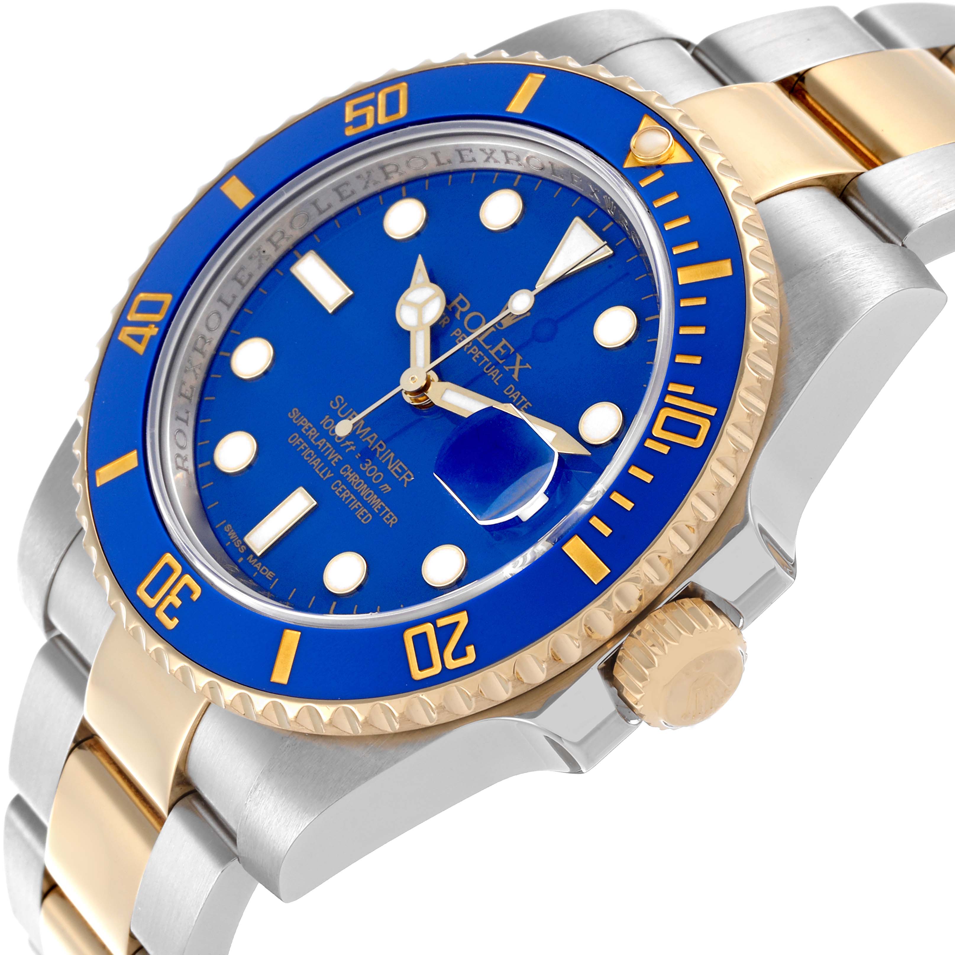 The Rolex Submariner 116613LB Men's Steel and Gold (two tone) Blue Dial 116613LB Men's Steel and Gold (two tone) Blue Dial watch is shown at an angled side view, displaying the face, bezel, crown, and part of the bracelet.