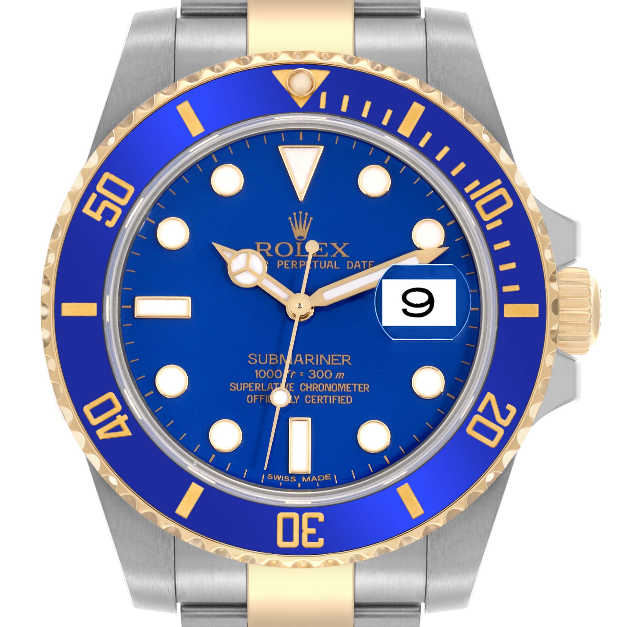 The image shows a front view of a Rolex Submariner 116613LB Men's Steel and Gold (two tone) Blue Dial 116613LB Men's Steel and Gold (two tone) Blue Dial watch focusing on the dial, bezel, and part of the bracelet.