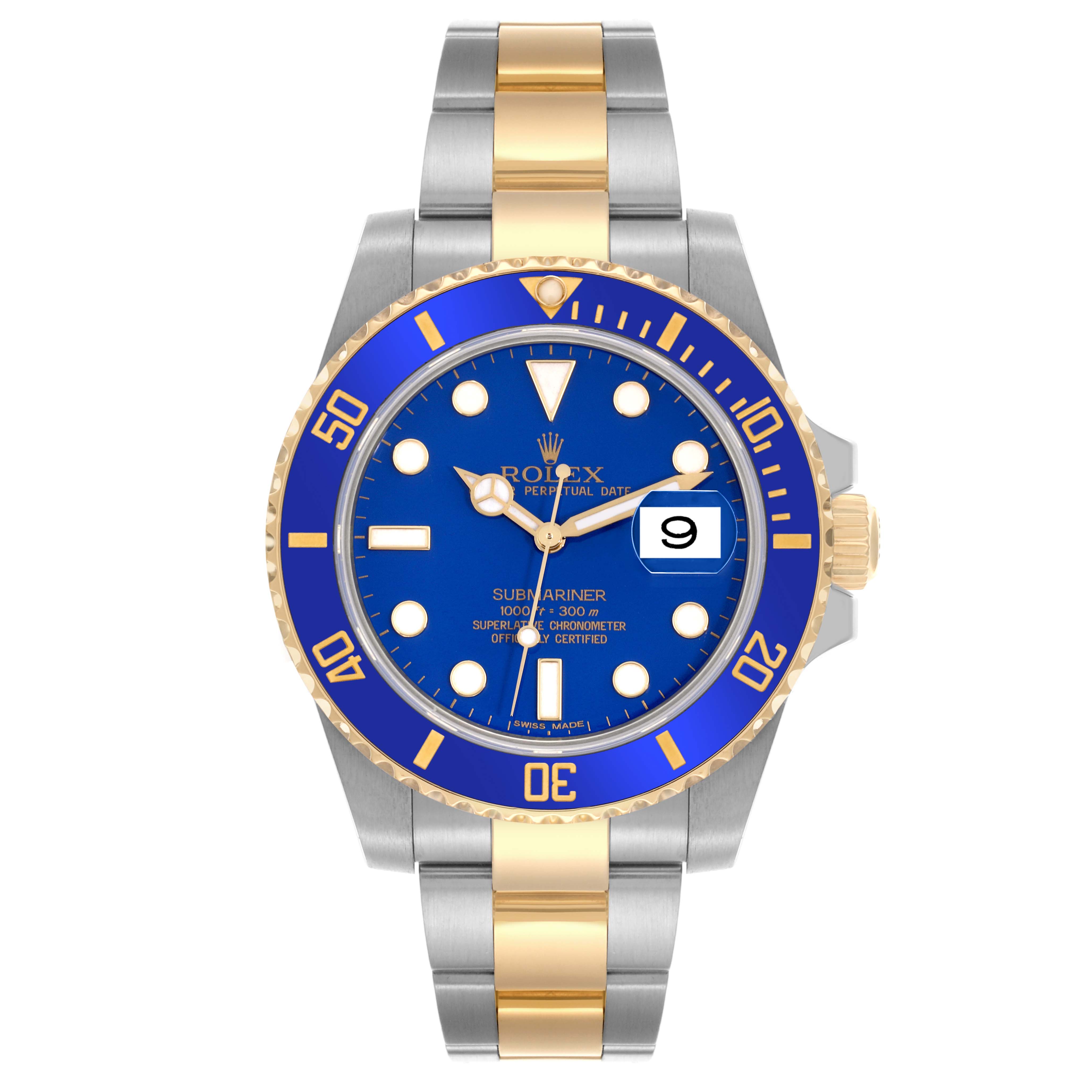 The Rolex Submariner 116613LB Men's Steel and Gold (two tone) Blue Dial 116613LB Men's Steel and Gold (two tone) Blue Dial watch is shown from the front, displaying its blue dial, bezel, and two-tone bracelet.