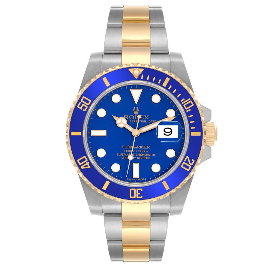 The Rolex Submariner watch is shown from the front, displaying its blue dial, bezel, and two-tone bracelet.