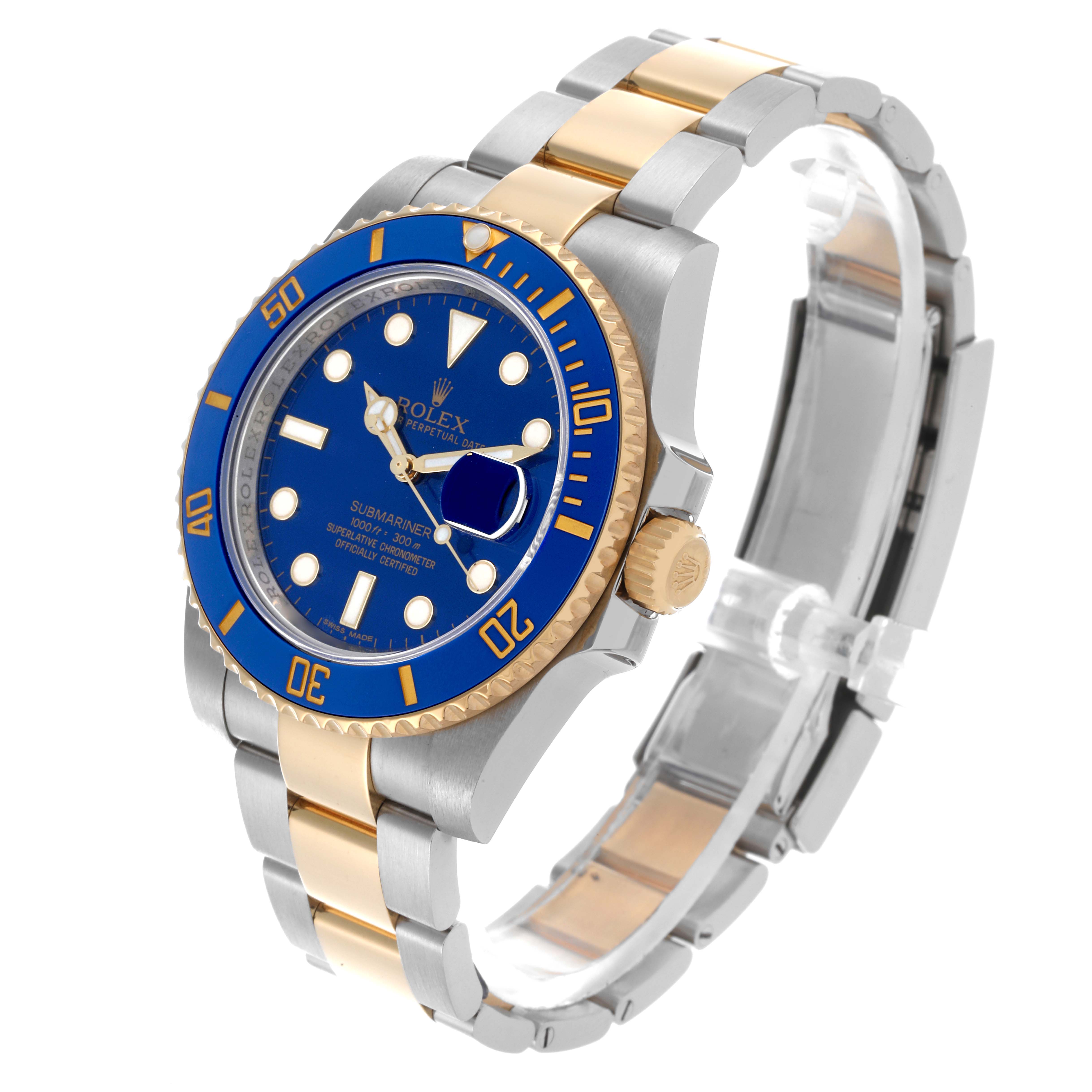 The Rolex Submariner 116613LB Men's Steel and Gold (two tone) Blue Dial 116613LB Men's Steel and Gold (two tone) Blue Dial watch is shown at a three-quarter angle, displaying the bezel, dial, case, and bracelet.