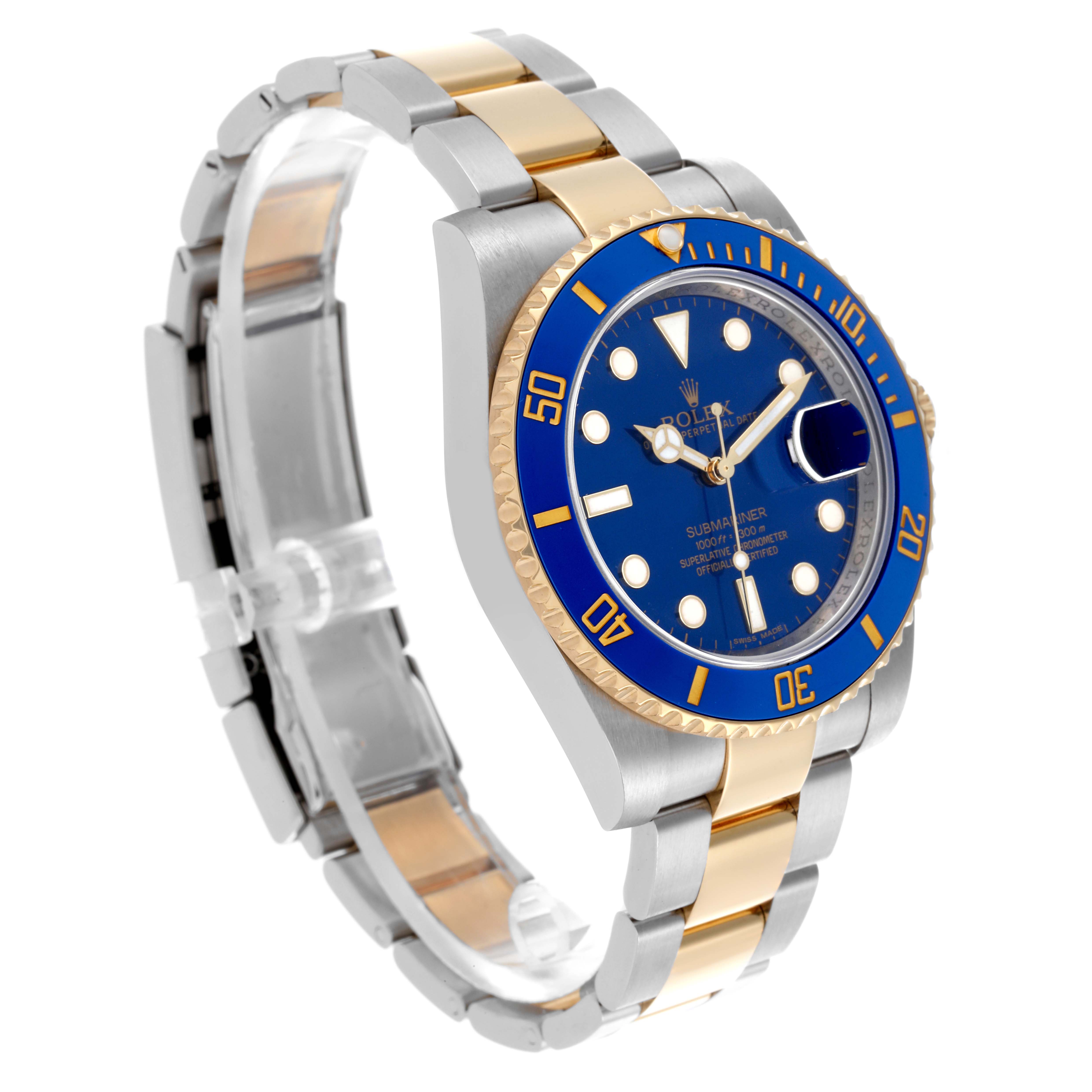 The Rolex Submariner 116613LB Men's Steel and Gold (two tone) Blue Dial 116613LB Men's Steel and Gold (two tone) Blue Dial is shown at a side angle, highlighting its blue bezel, dial, and two-tone bracelet.