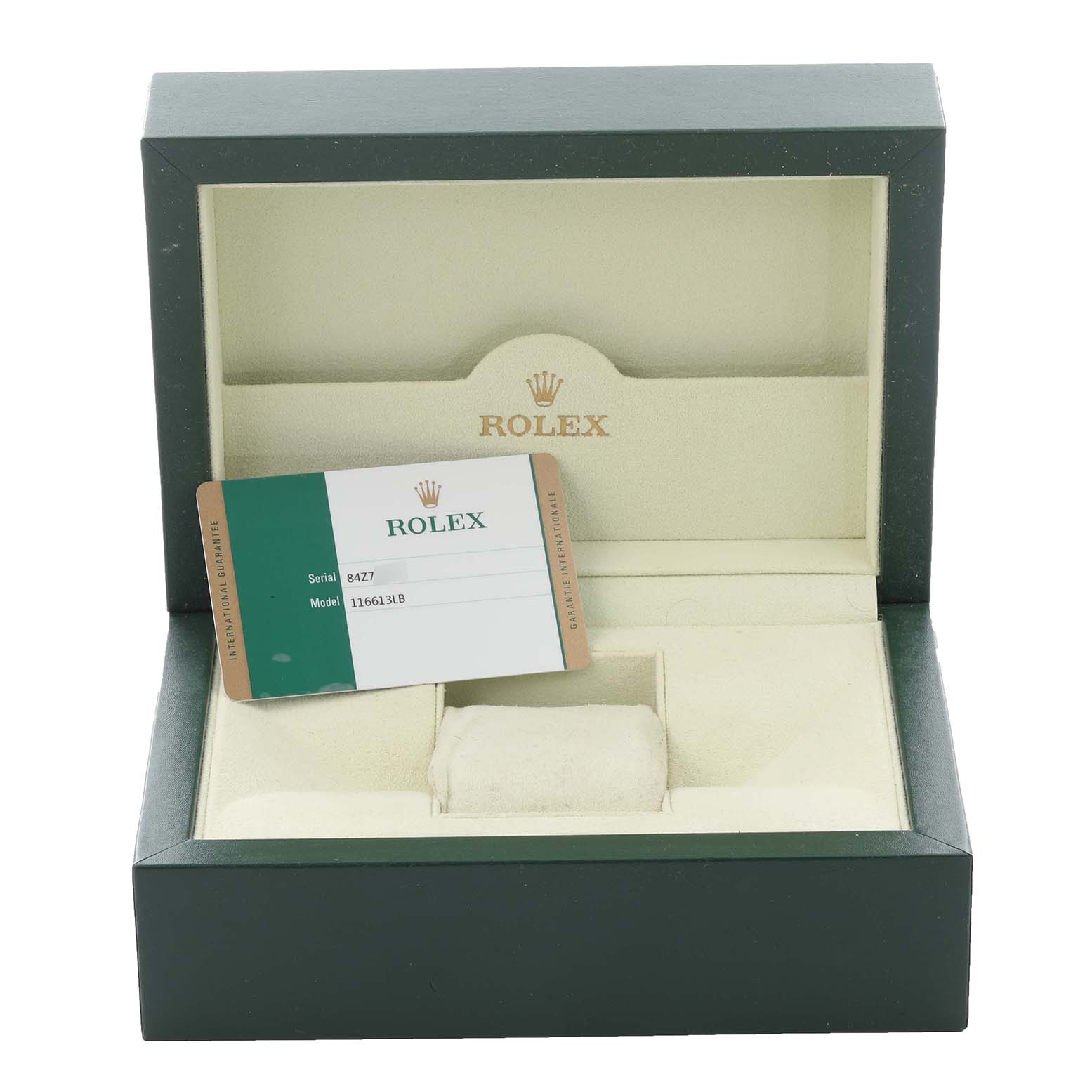 The image shows a Rolex Submariner 116613LB Men's Steel and Gold (two tone) Blue Dial 116613LB Men's Steel and Gold (two tone) Blue Dial model box and warranty card, viewed from the front.