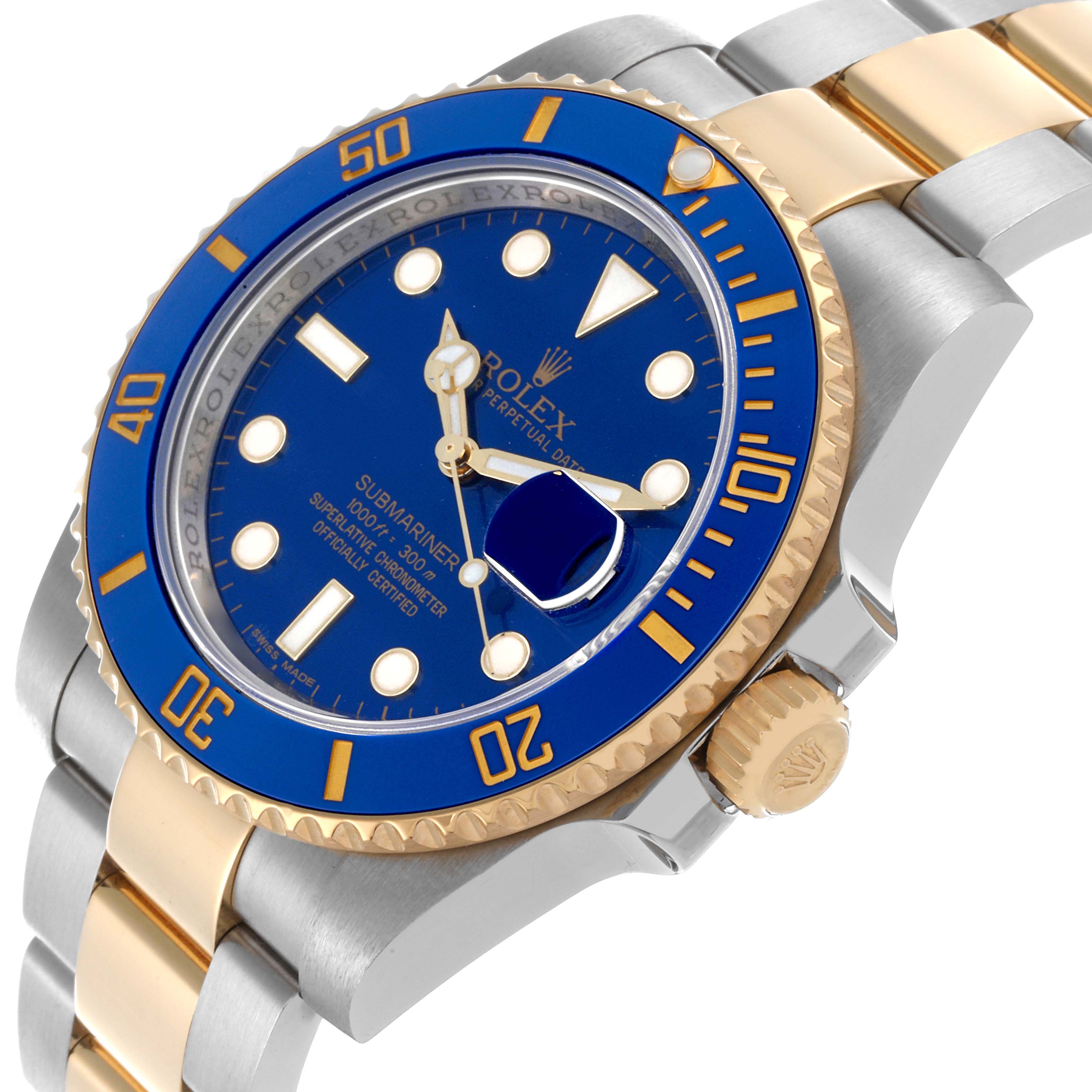 The Rolex Submariner 116613LB Men's Steel and Gold (two tone) Blue Dial 116613LB Men's Steel and Gold (two tone) Blue Dial watch is shown at a three-quarter angle, highlighting the blue bezel, dial, and two-tone bracelet.