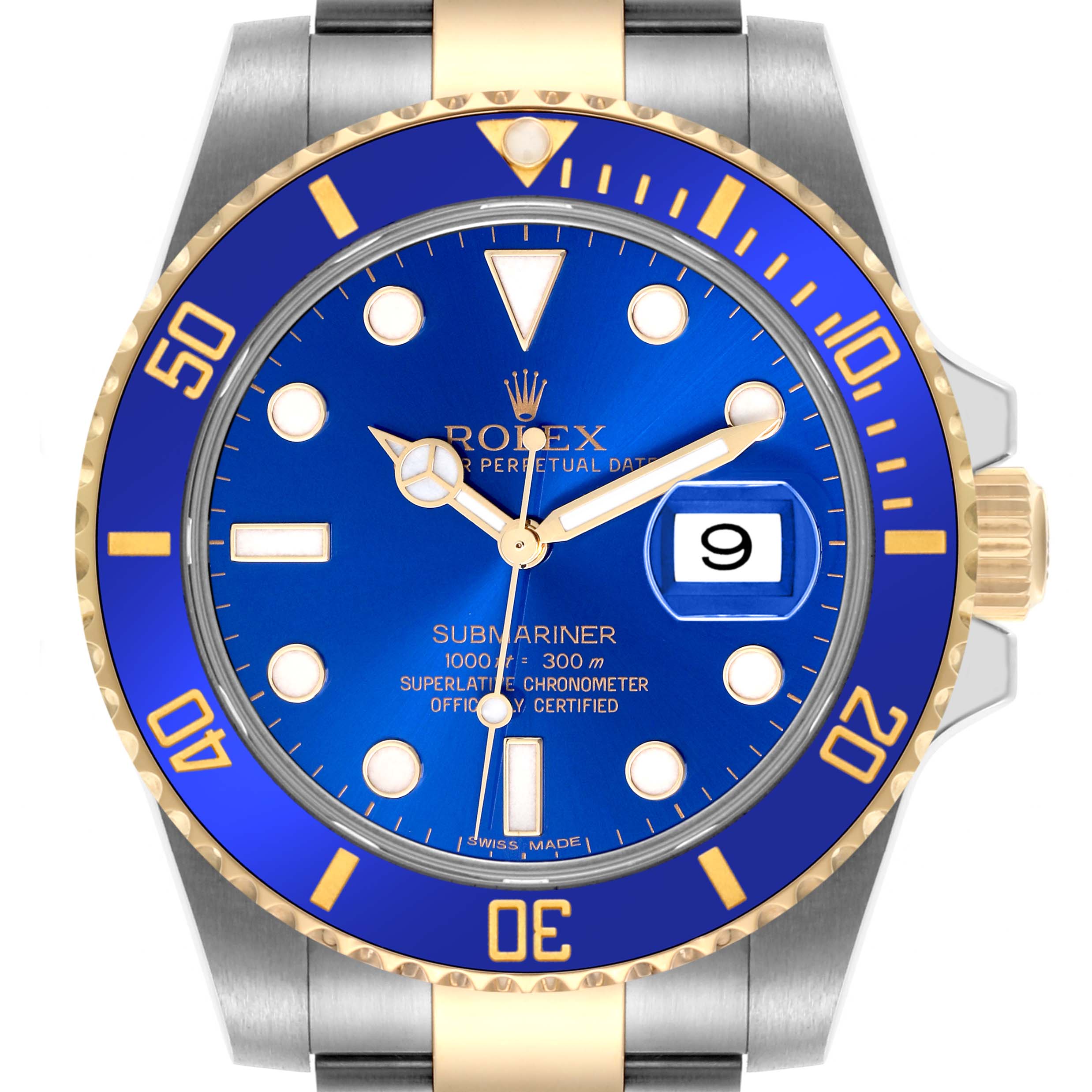 The image shows a frontal view of the Rolex Submariner 116613LB Men's Steel and Gold (two tone) Blue Dial 116613LB Men's Steel and Gold (two tone) Blue Dial watch, highlighting the blue dial, gold bezel, and date window.