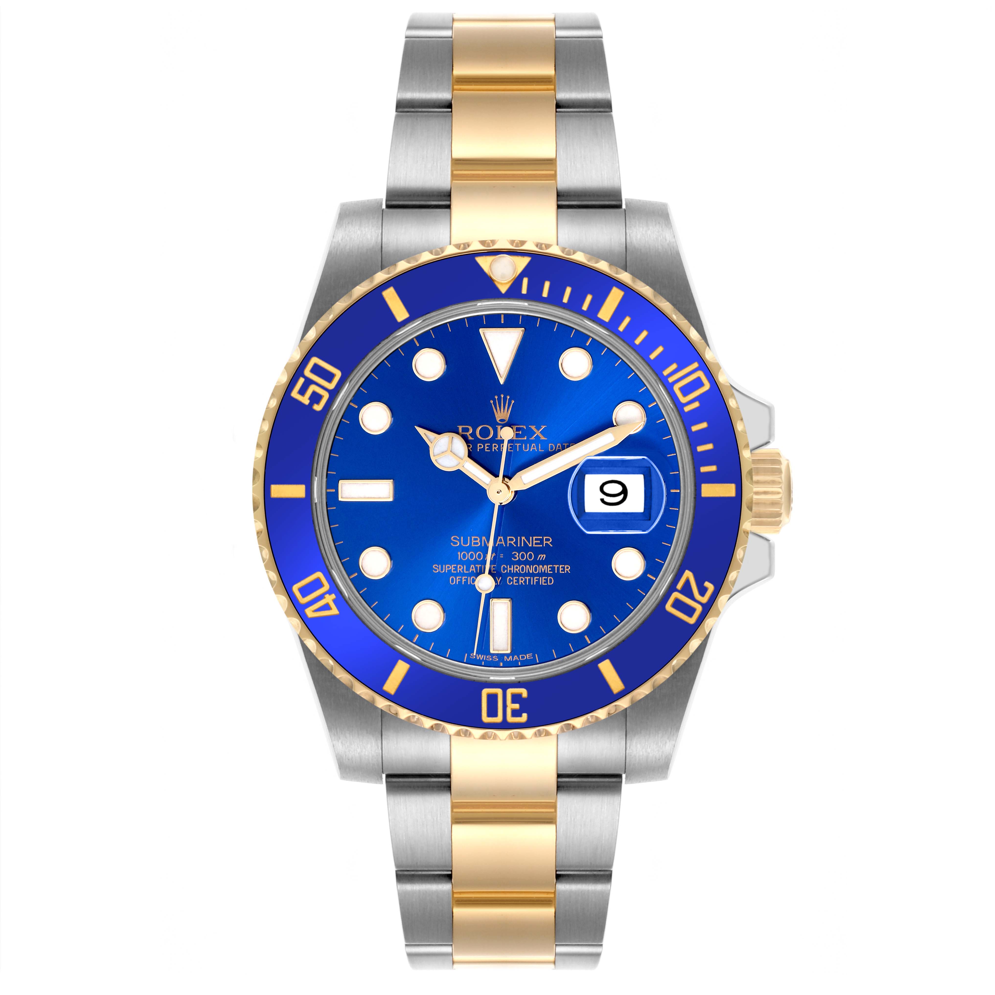 The Rolex Submariner 116613LB Men's Steel and Gold (two tone) Blue Dial 116613LB Men's Steel and Gold (two tone) Blue Dial watch is shown from a front angle, highlighting its blue dial, two-tone bracelet, and date display.