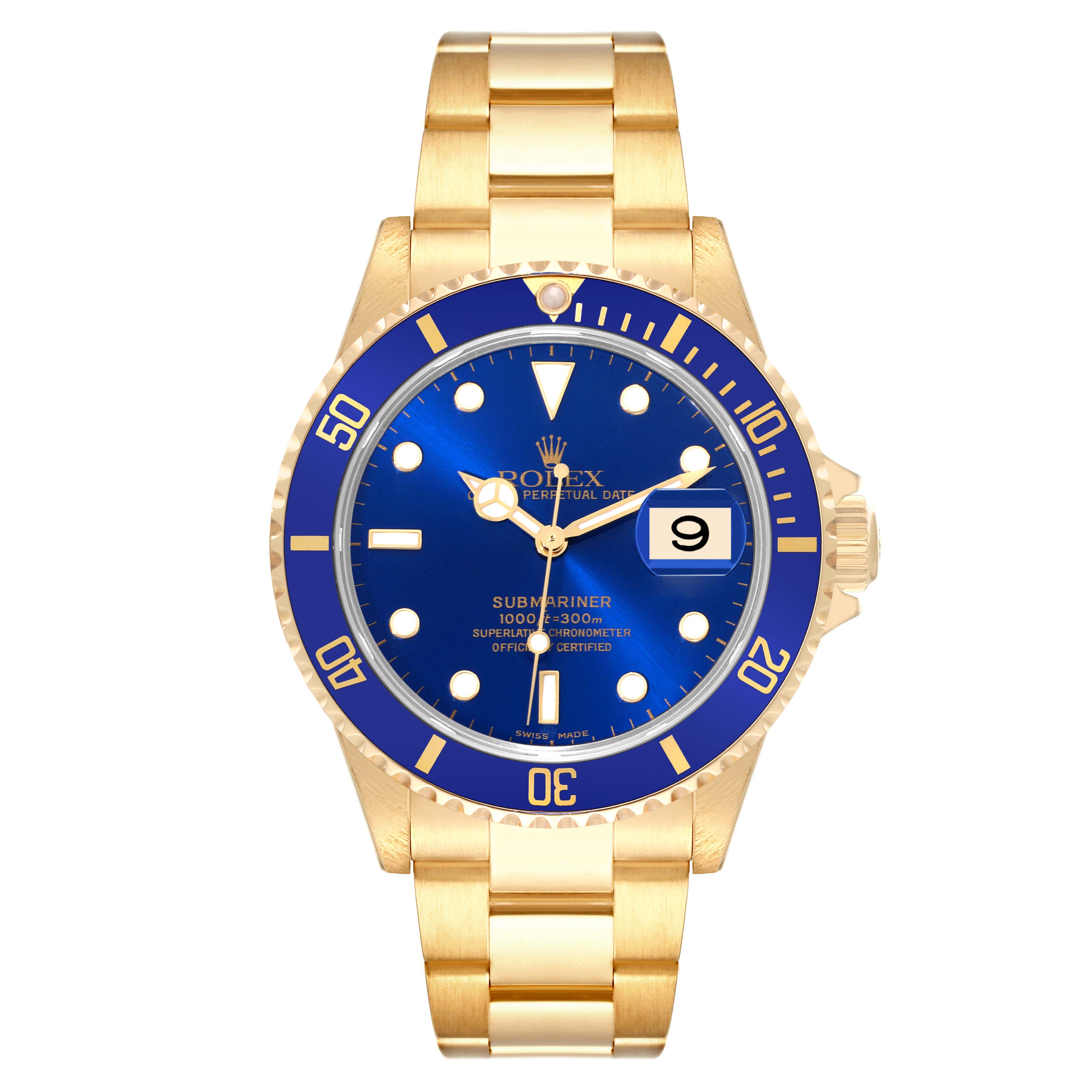 This image shows a front view of the Rolex Submariner 16618 Men's Yellow Gold Blue Dial 16618 Men's Yellow Gold Blue Dial watch with a blue dial and gold bracelet.