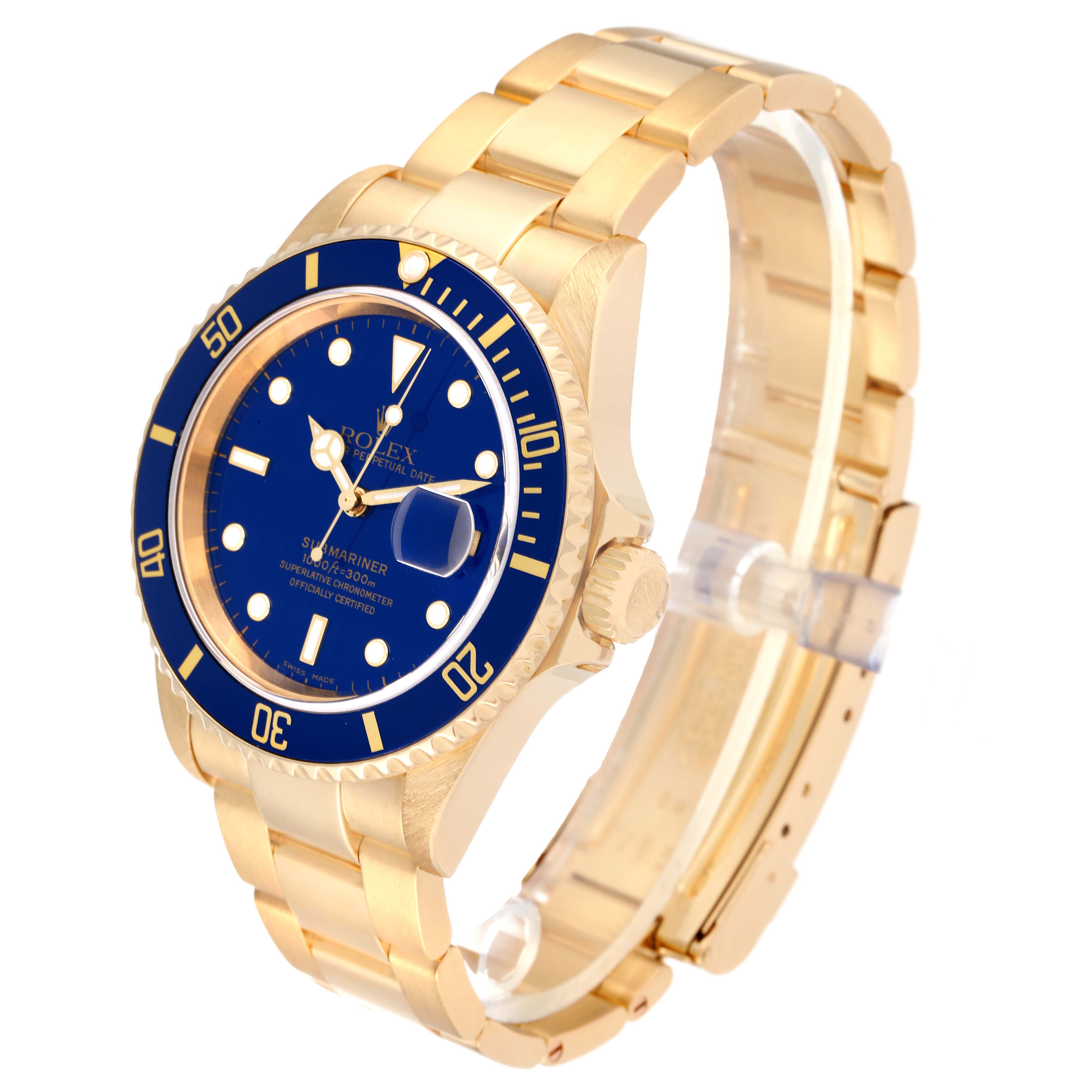 The image shows a side and slightly angled front view of a gold Rolex Submariner 16618 Men's Yellow Gold Blue Dial 16618 Men's Yellow Gold Blue Dial watch with a blue dial and bezel.