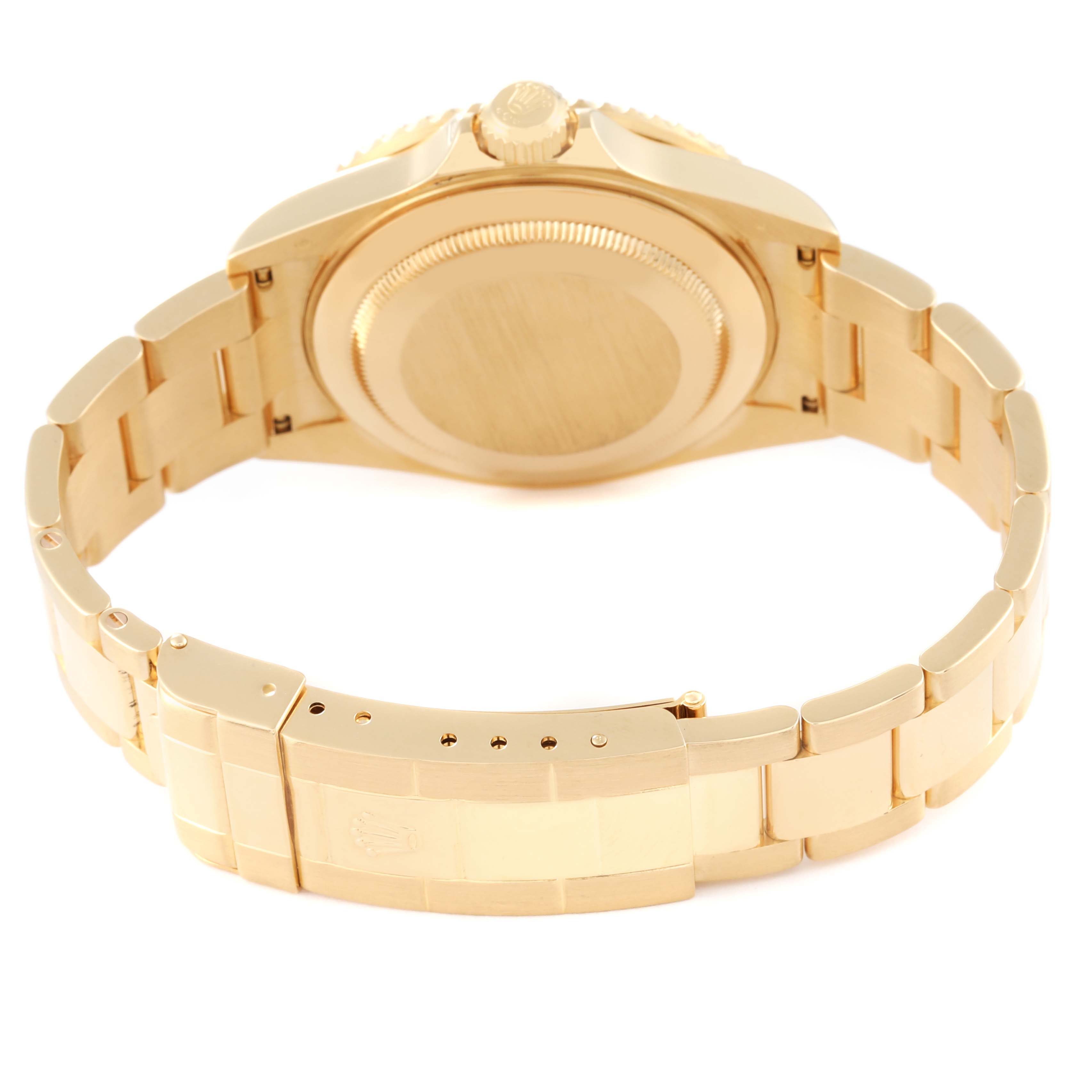 This image shows the back case and bracelet of a Rolex Submariner 16618 Men's Yellow Gold Blue Dial 16618 Men's Yellow Gold Blue Dial watch from a rear angle.