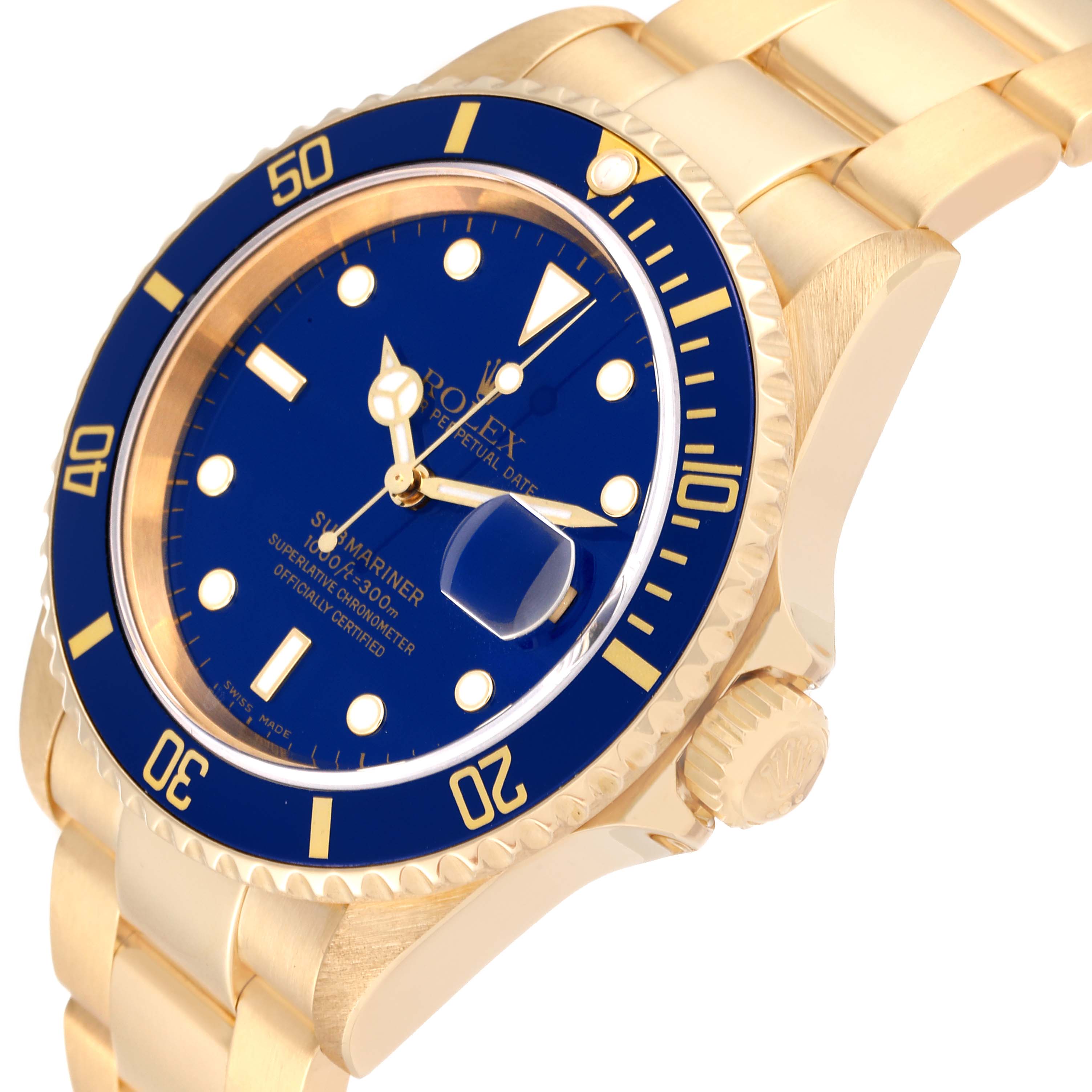 The image shows the Rolex Submariner 16618 Men's Yellow Gold Blue Dial 16618 Men's Yellow Gold Blue Dial watch from an oblique angle, revealing the dial, bezel, crown, and part of the bracelet.