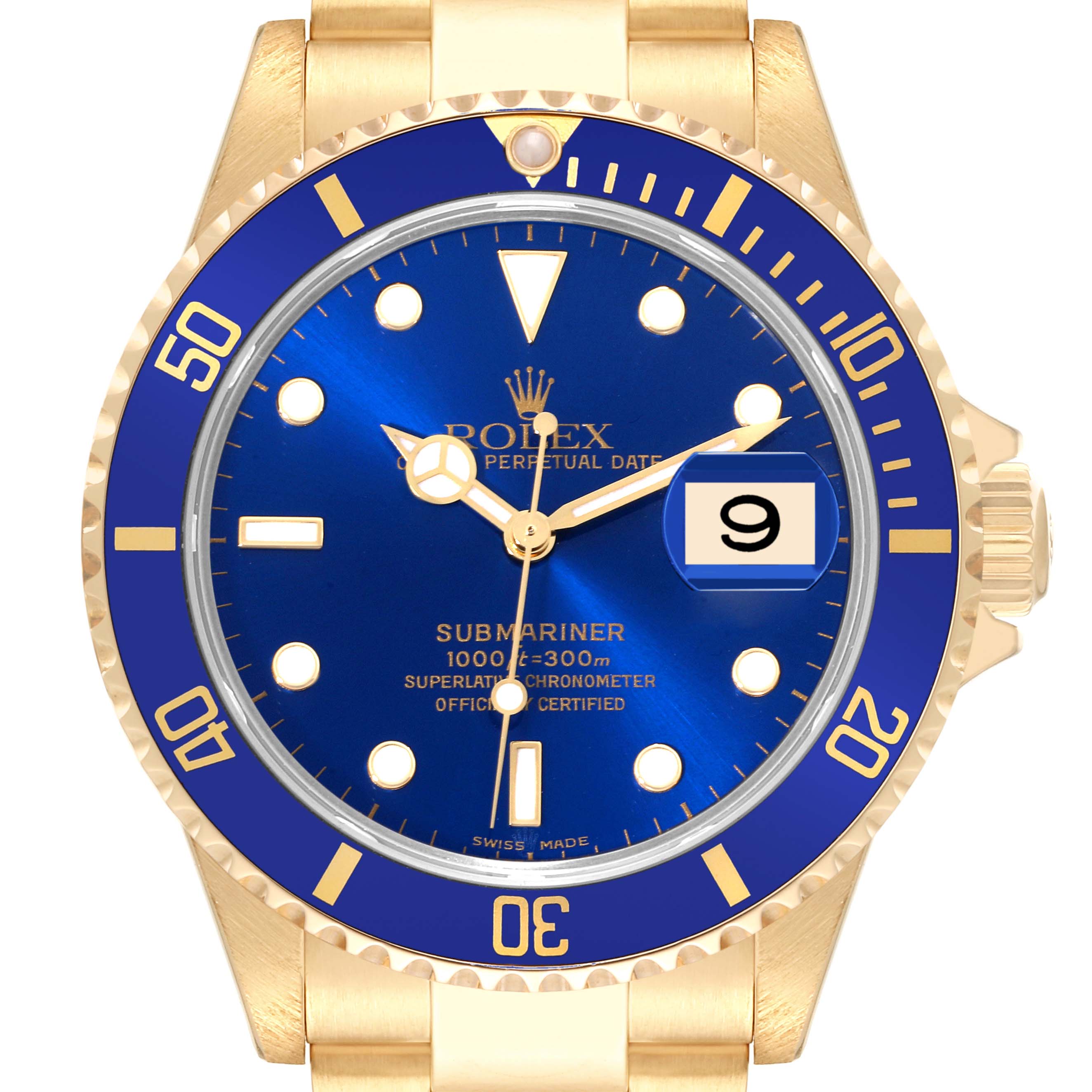This image shows a front view of the Rolex Submariner 16618 Men's Yellow Gold Blue Dial 16618 Men's Yellow Gold Blue Dial watch, highlighting its blue dial, gold case, and bezel.