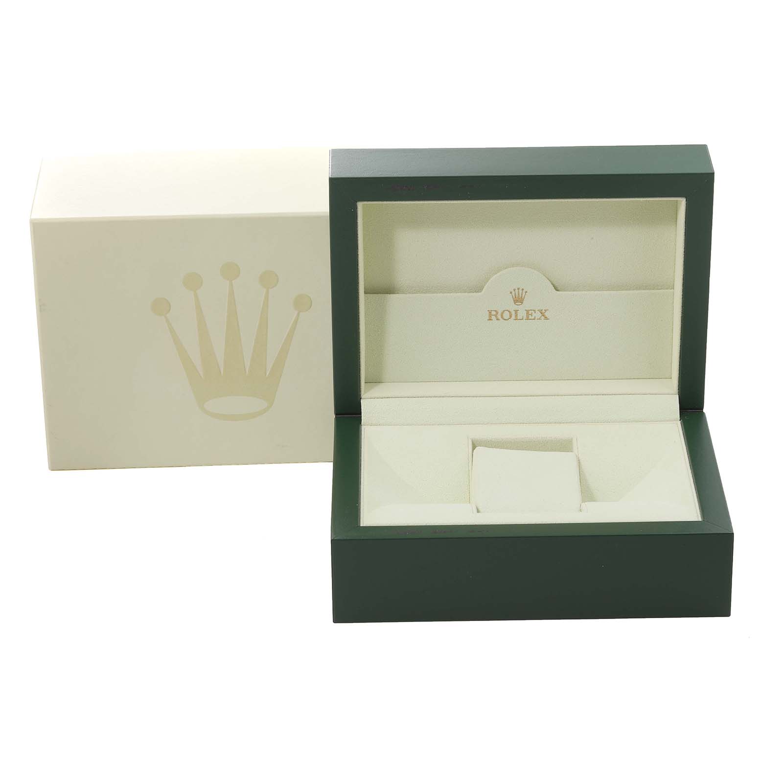 The image shows an open Rolex Submariner 16618 Men's Yellow Gold Blue Dial 16618 Men's Yellow Gold Blue Dial watch box with the lid bearing the Rolex logo and the interior displaying the watch compartment.