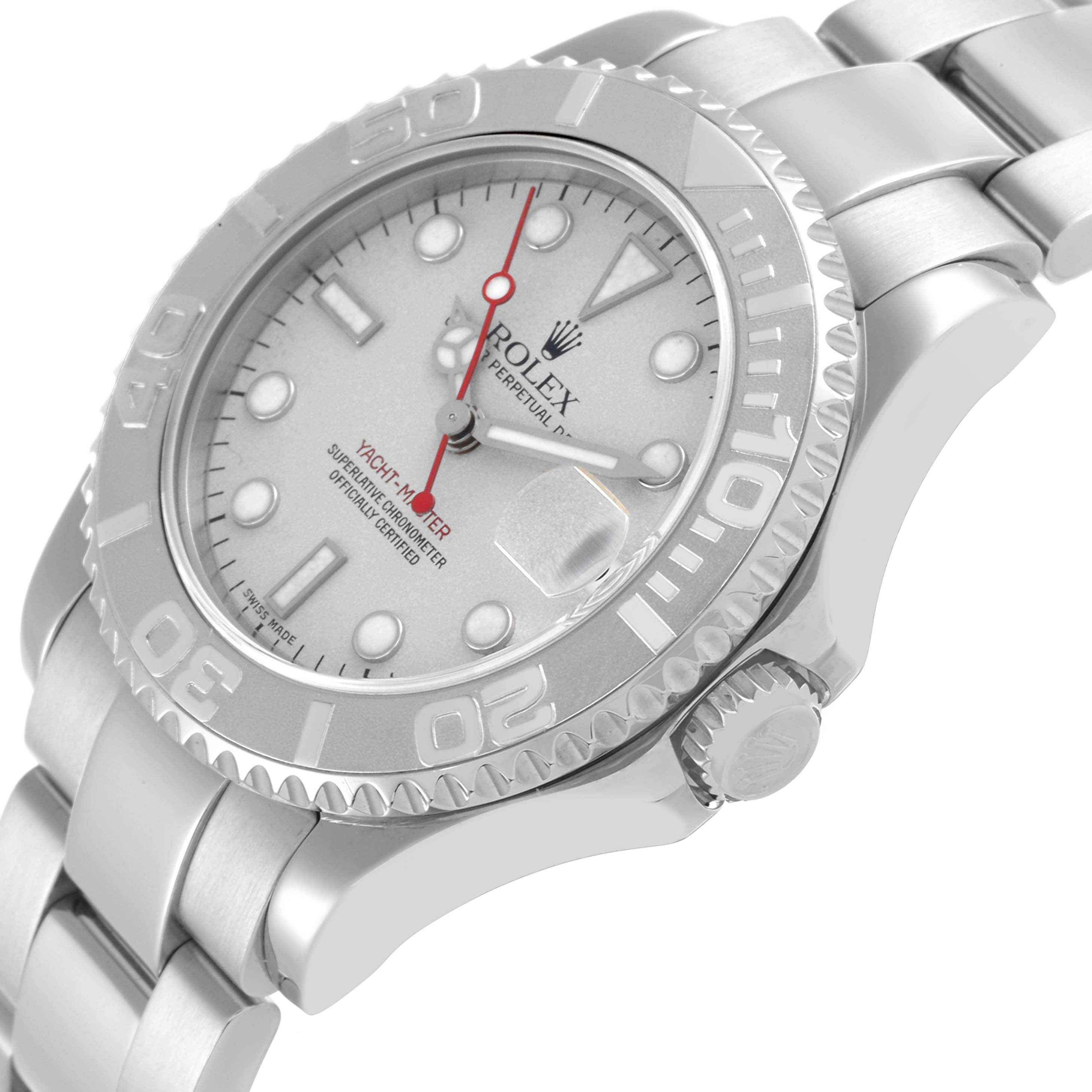 The Rolex Yacht-Master 168622 Men's Stainless Steel Silver Dial 168622 Men's Stainless Steel Silver Dial watch is shown at an angled view, displaying the bezel, dial, crown, and part of the bracelet.