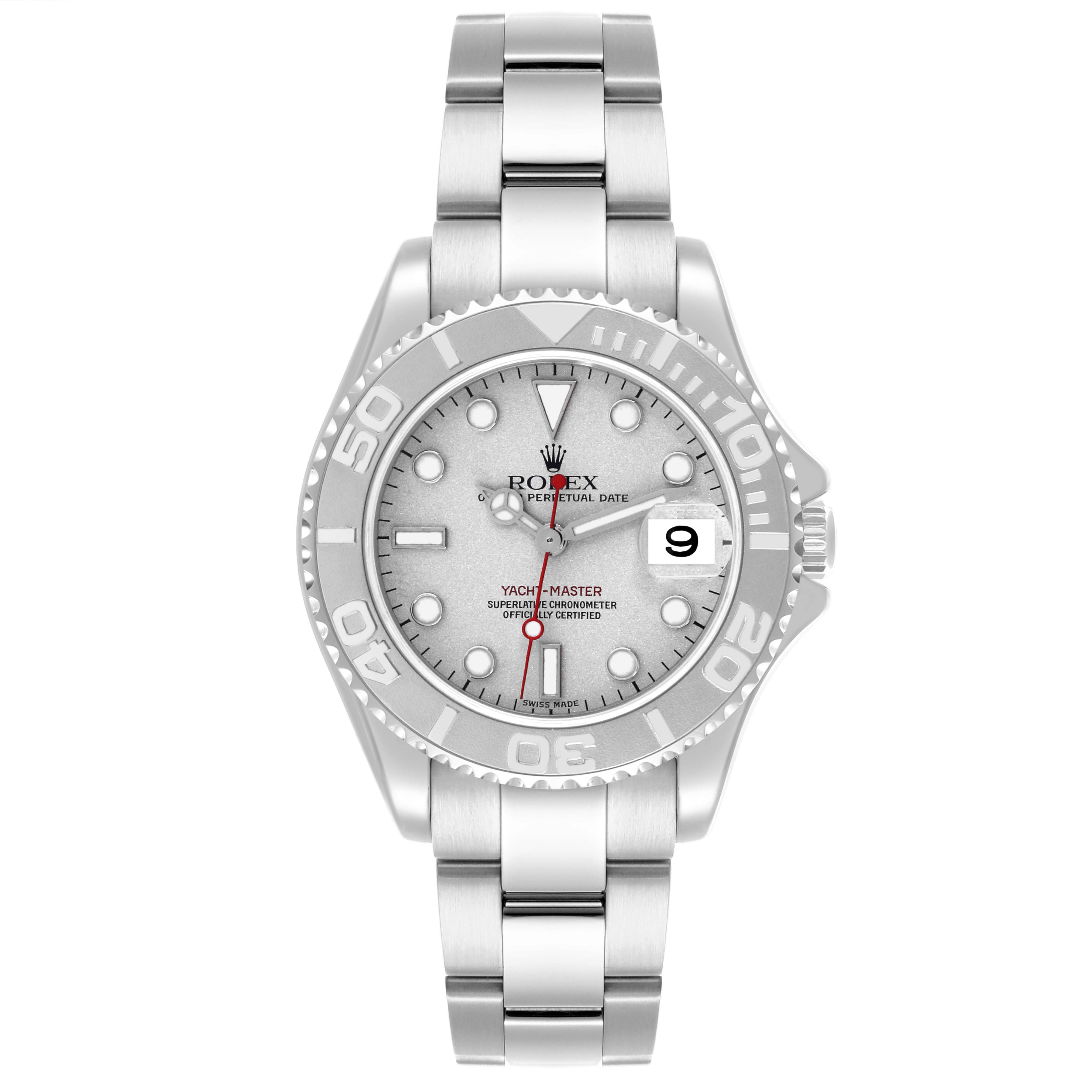 The Rolex Yacht-Master 168622 Men's Stainless Steel Silver Dial 168622 Men's Stainless Steel Silver Dial is shown from a front angle, displaying the dial, bezel, crown, and part of the bracelet.