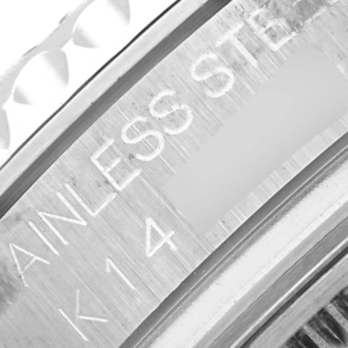 The image shows a close-up of the engraved inner case side of the Rolex Yacht-Master 168622 Men's Stainless Steel Silver Dial 168622 Men's Stainless Steel Silver Dial watch, highlighting "STAINLESS STEEL".