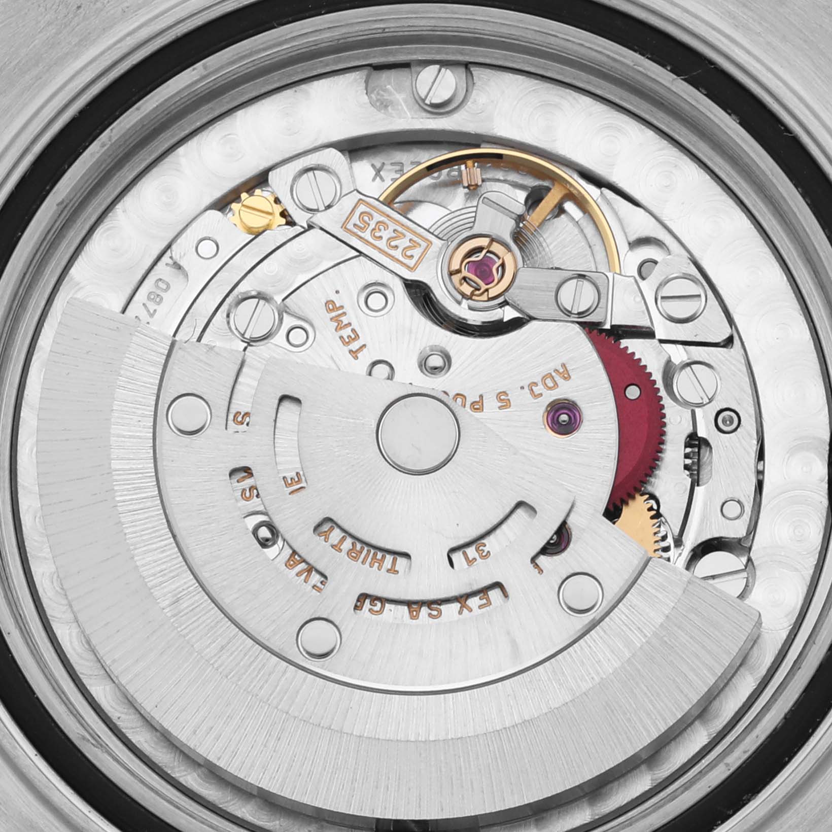 The image shows the movement of the Rolex Yacht-Master 168622 Men's Stainless Steel Silver Dial 168622 Men's Stainless Steel Silver Dial watch from a top-down angle.