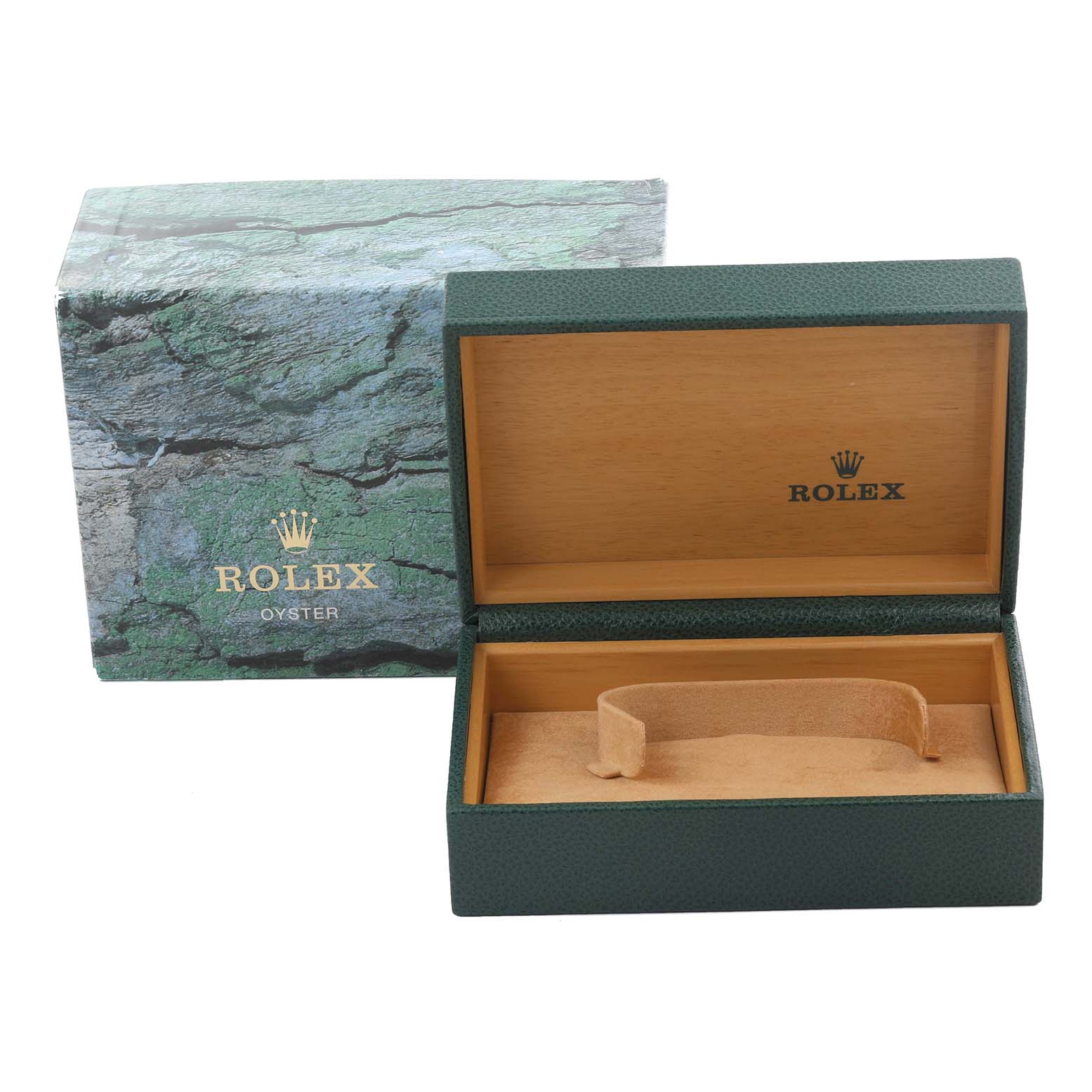 The image shows a Rolex Yacht-Master 168622 Men's Stainless Steel Silver Dial 168622 Men's Stainless Steel Silver Dial watch box and packaging from a front angle.