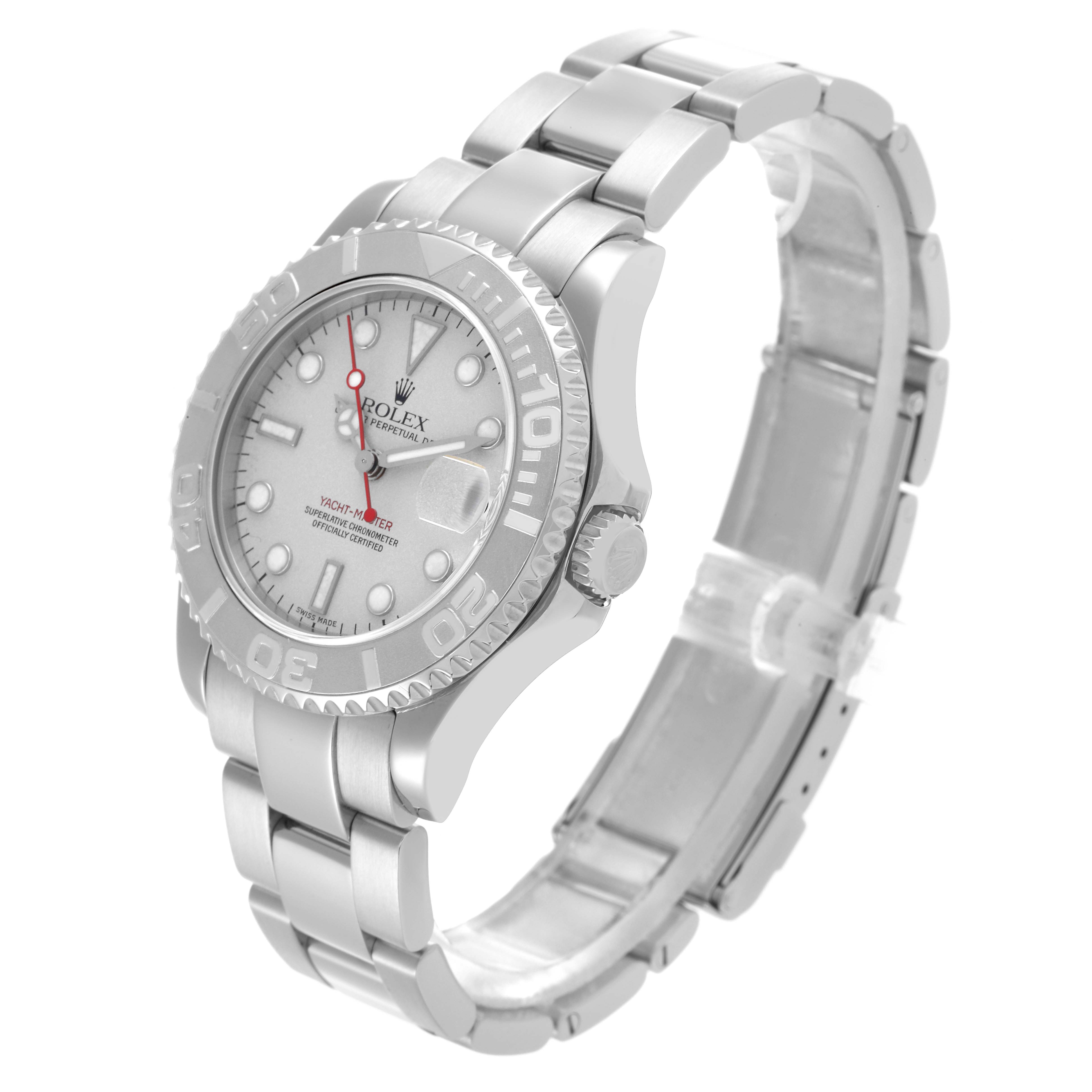 The Rolex Yacht-Master 168622 Men's Stainless Steel Silver Dial 168622 Men's Stainless Steel Silver Dial is shown at an angle highlighting the dial, bezel, and bracelet.