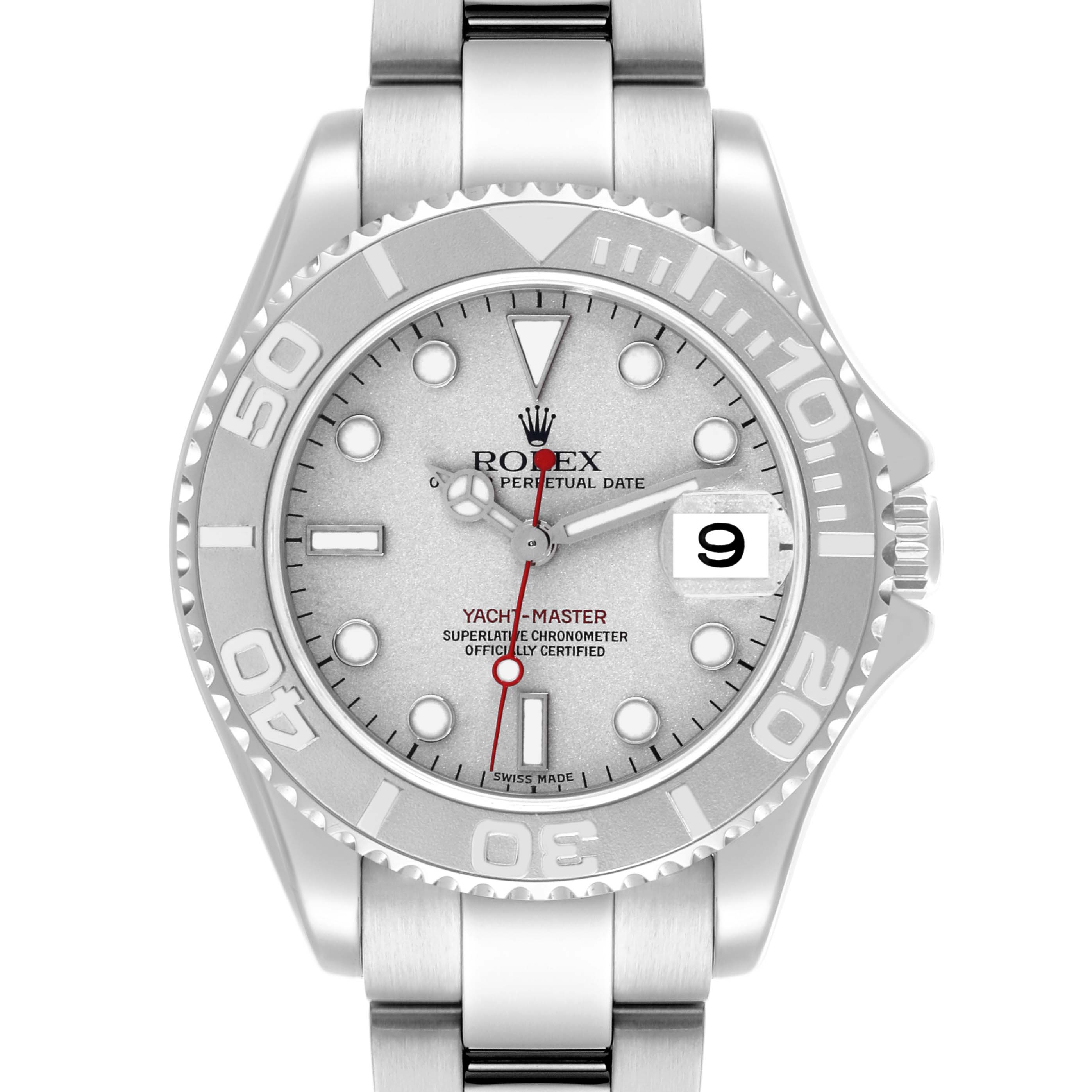 The Rolex Yacht-Master 168622 Men's Stainless Steel Silver Dial 168622 Men's Stainless Steel Silver Dial watch is shown from a top-down angle, displaying the face, bezel, and bracelet.