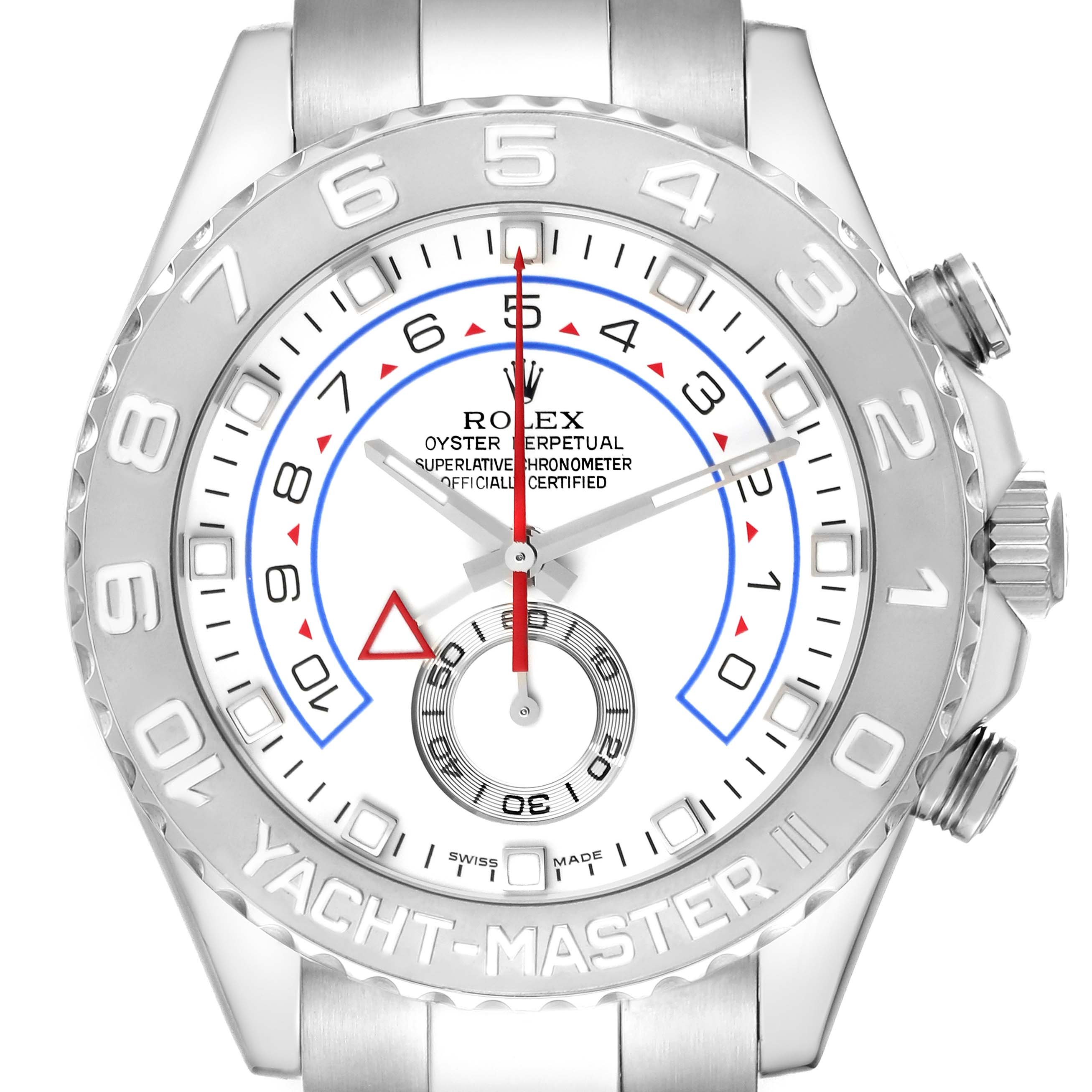 The Rolex Yacht-Master 116689 Men
s White Gold White Dial 116689 Men
s White Gold White Dial watch is shown from a front angle, highlighting the dial, bezel, and crown.