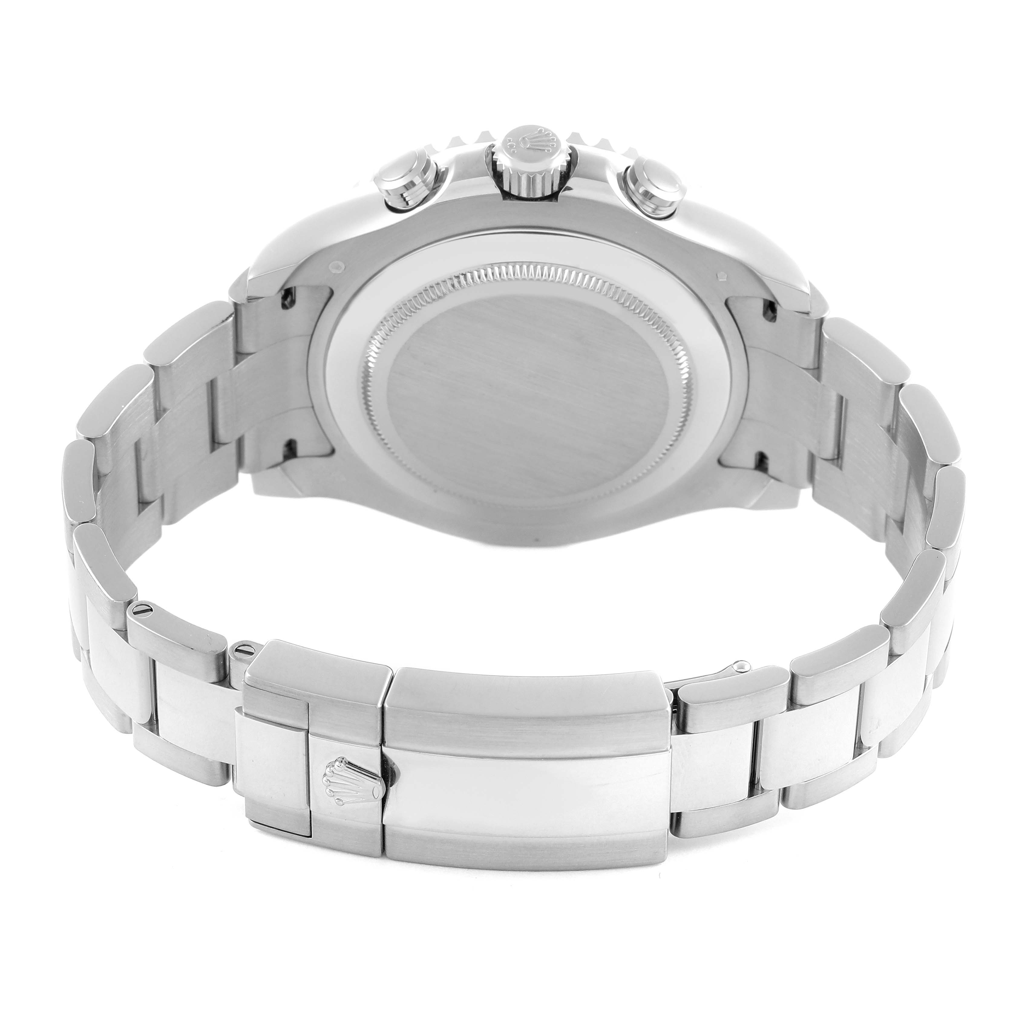 The image shows the back view of a Rolex Yacht-Master 116689 Men
s White Gold White Dial 116689 Men
s White Gold White Dial, highlighting the case back, crown, and part of the bracelet and clasp.